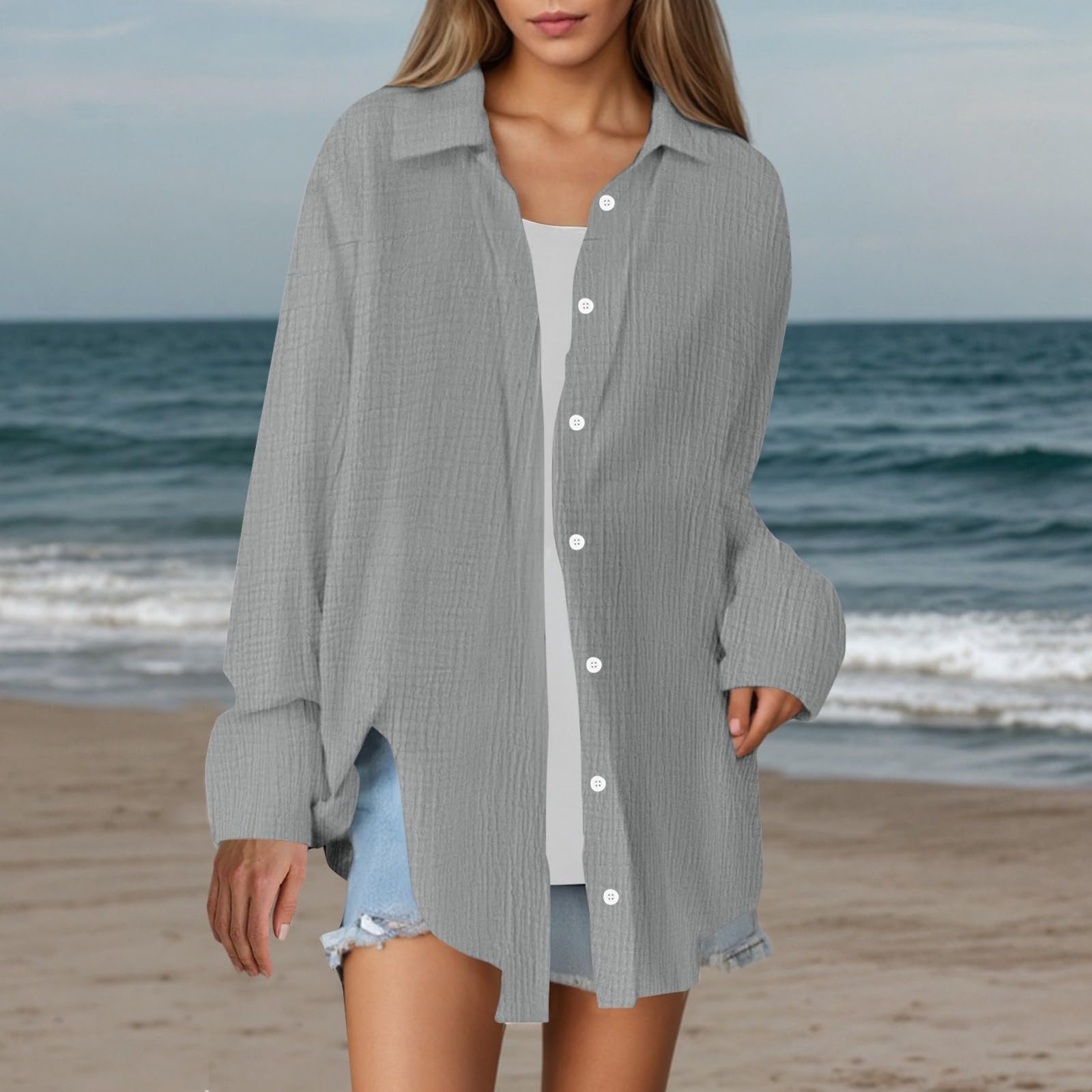 Camisas de lino con botones para mujer, de verano, transpirables, de manga larga, con cuello, de lino, algodón, a la moda, casuales, holgadas, de muselina, de gran tamaño, ligeras, color liso