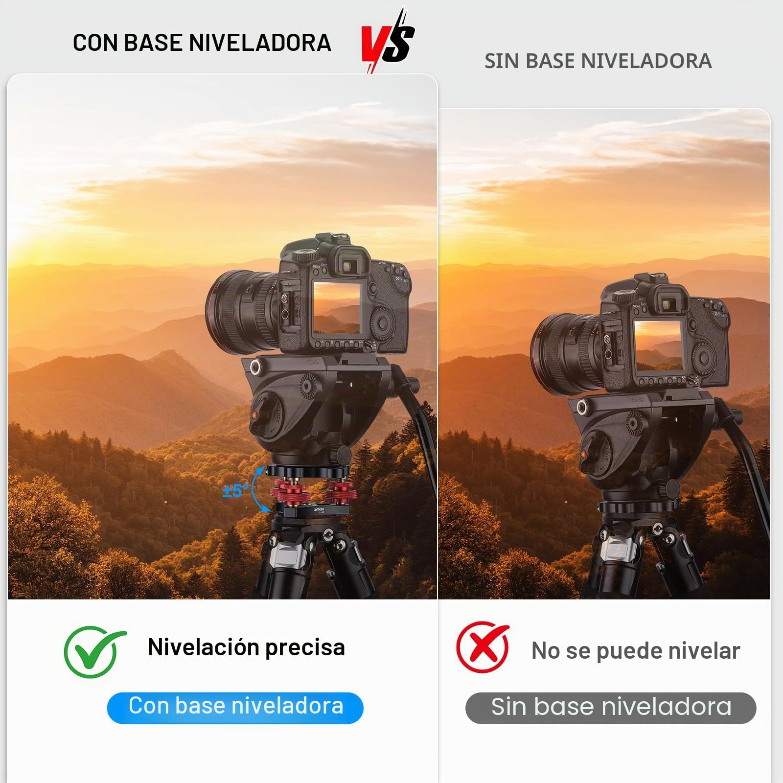 Nivelador de trípode con ajuste de precisión de +/-5 grados para cabezal panorámico, cabezal de bola, cabezal de video y trípode