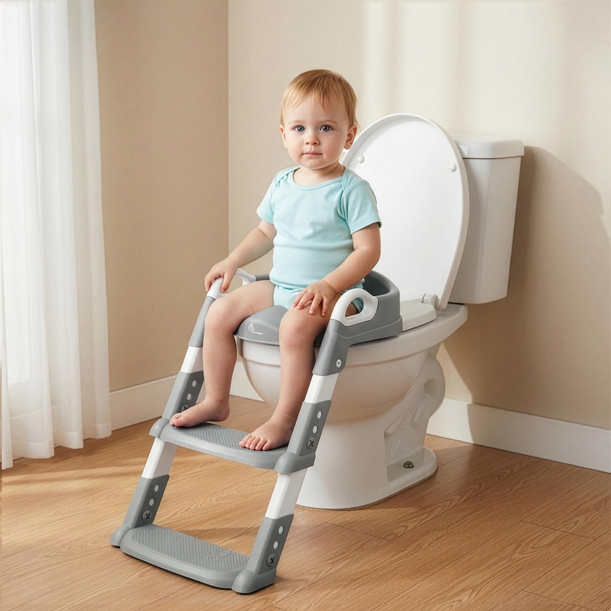 R for Rabbit Hilltop Step Stool Potty Trainer Seat Ladder Step Up Training Stool Non-Slip Steps Ladder Adjustable Foldable for Kids Baby 1 to 7 Years (Grey White)-picture-26