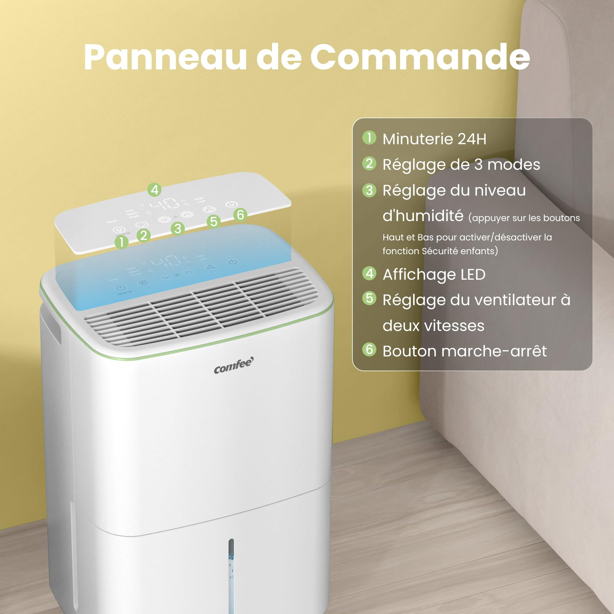 COMFEE' Déshumidificateur Compact, Absorbe jusqu'à 12L/jour, Mode silencieux, sécurité enfant, Minuterie 24H, Réservoir 2,5L, pour pièce de 20-35㎡, Aqua Dry 12