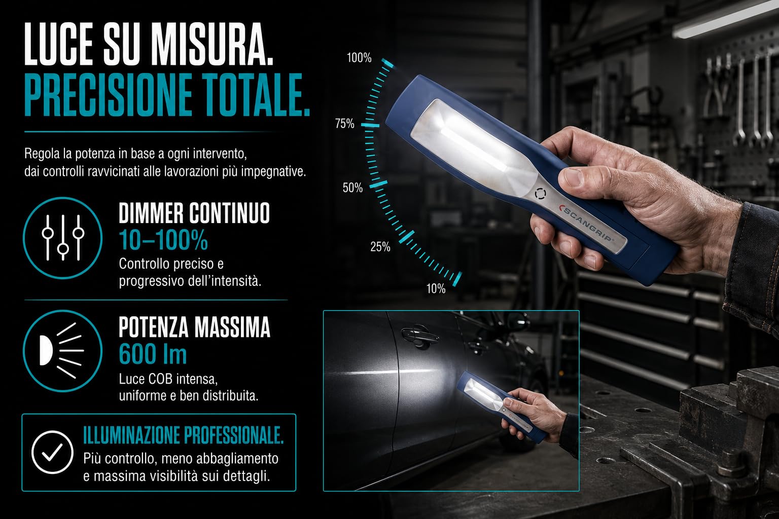 Scangrip MAG PRO Lampada LED 600lm Dimmerabile, Ricaricabile, IP54 | Dimmerabile in modo continuo, 600 lumen, tipo: