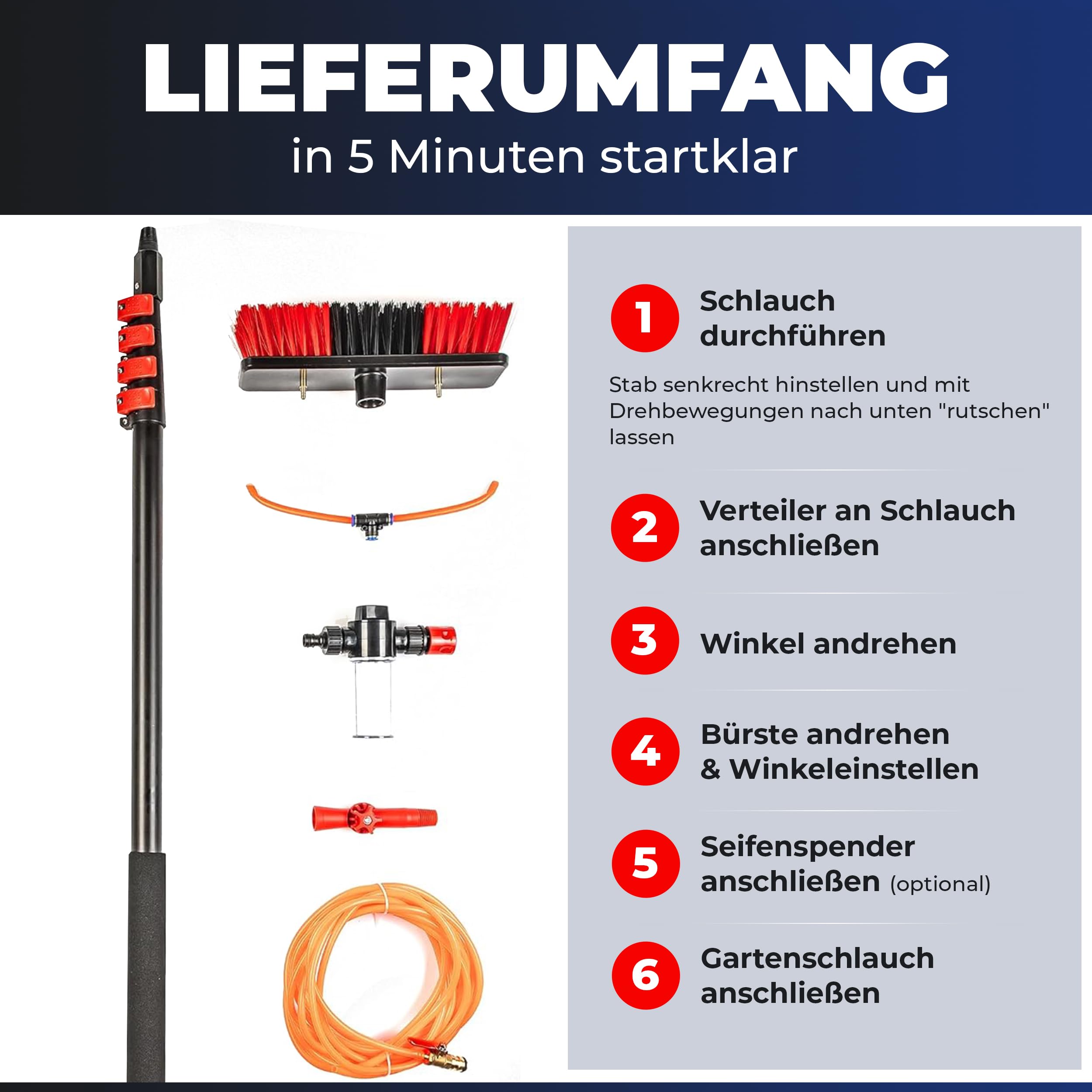 Teleskop Waschbürste | 4,6 Meter | Aluminium | Als Wintergarten Reinigungsset | Terrassendach Reiniger | PV Anlage Reinigung | Waschbürste mit Teleskopstiel | Teleskopbürste mit Wasseranschluss