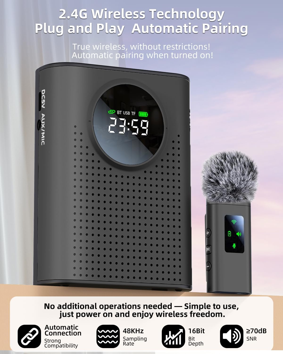 S67 Voice Amplifier Wireless Microphone Dual for Teachers Classroom Rechargeable, Mini Lavalier Lapel Mic, Portable Speaker PA System with LED Display for Class, Tour Guide, Coaches, Black - Image 3