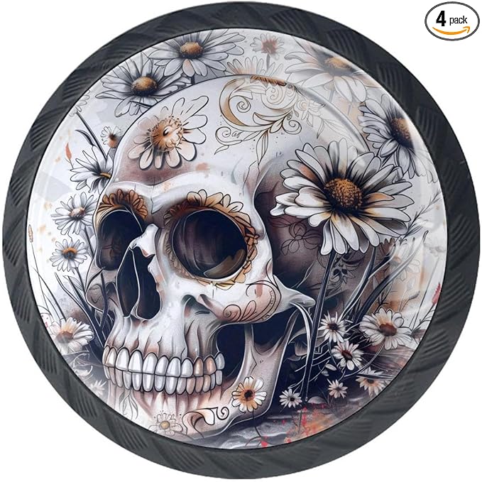 4 Pack Black Cabinet Knobs, Sugar Skull Daisy Kitchen Cabinet Knobs Black Drawer Pulls Dresser Knobs,Glass Knobs for Kitchen Cabinet Hardware Bathroom