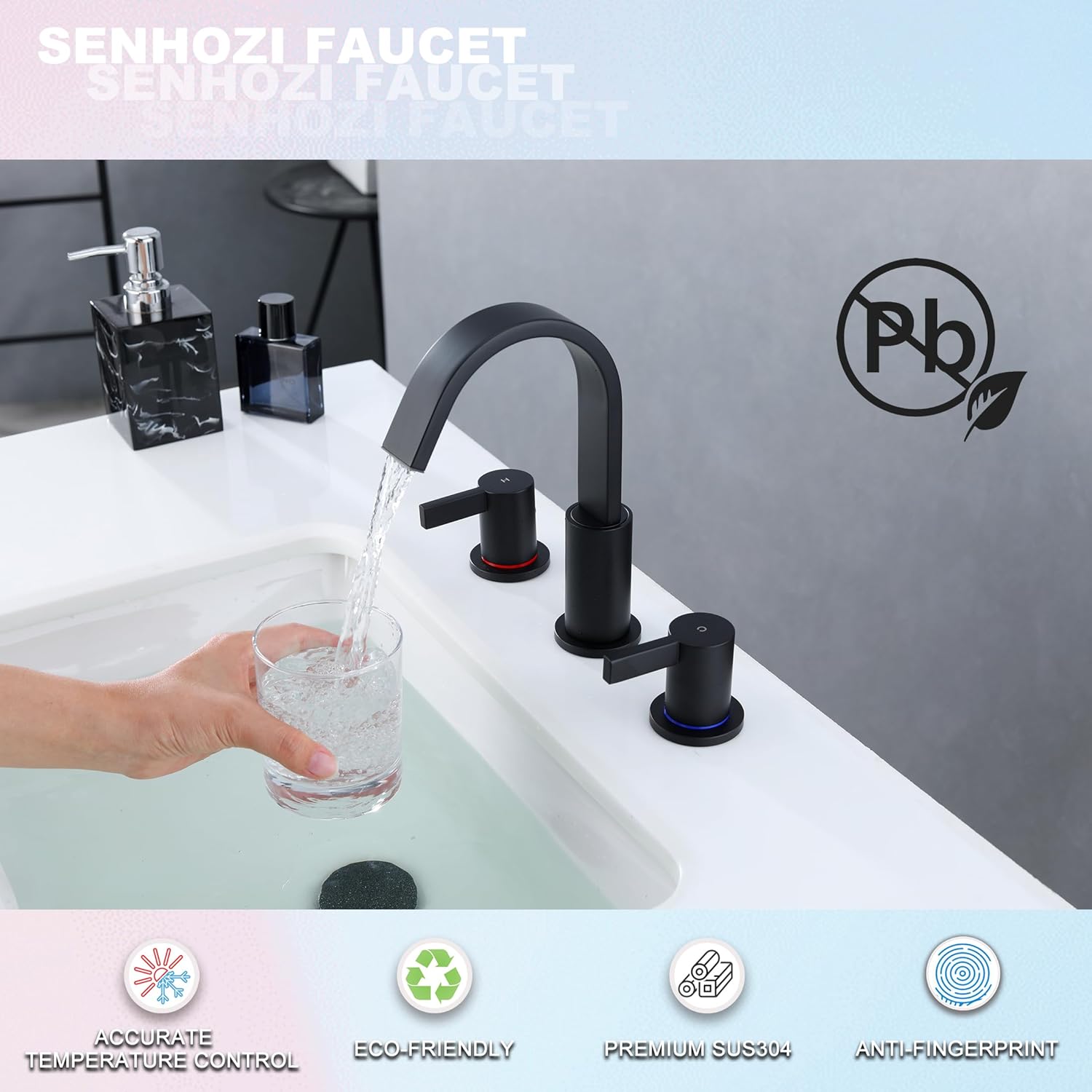 Matte Black Bathroom Faucets 3 Holes, 8 Inch Widespread Bathroom Sink Faucet, 2 Handles Black Bathroom Faucet with Pop-up Drain and Supply Hose SE-0018-BK