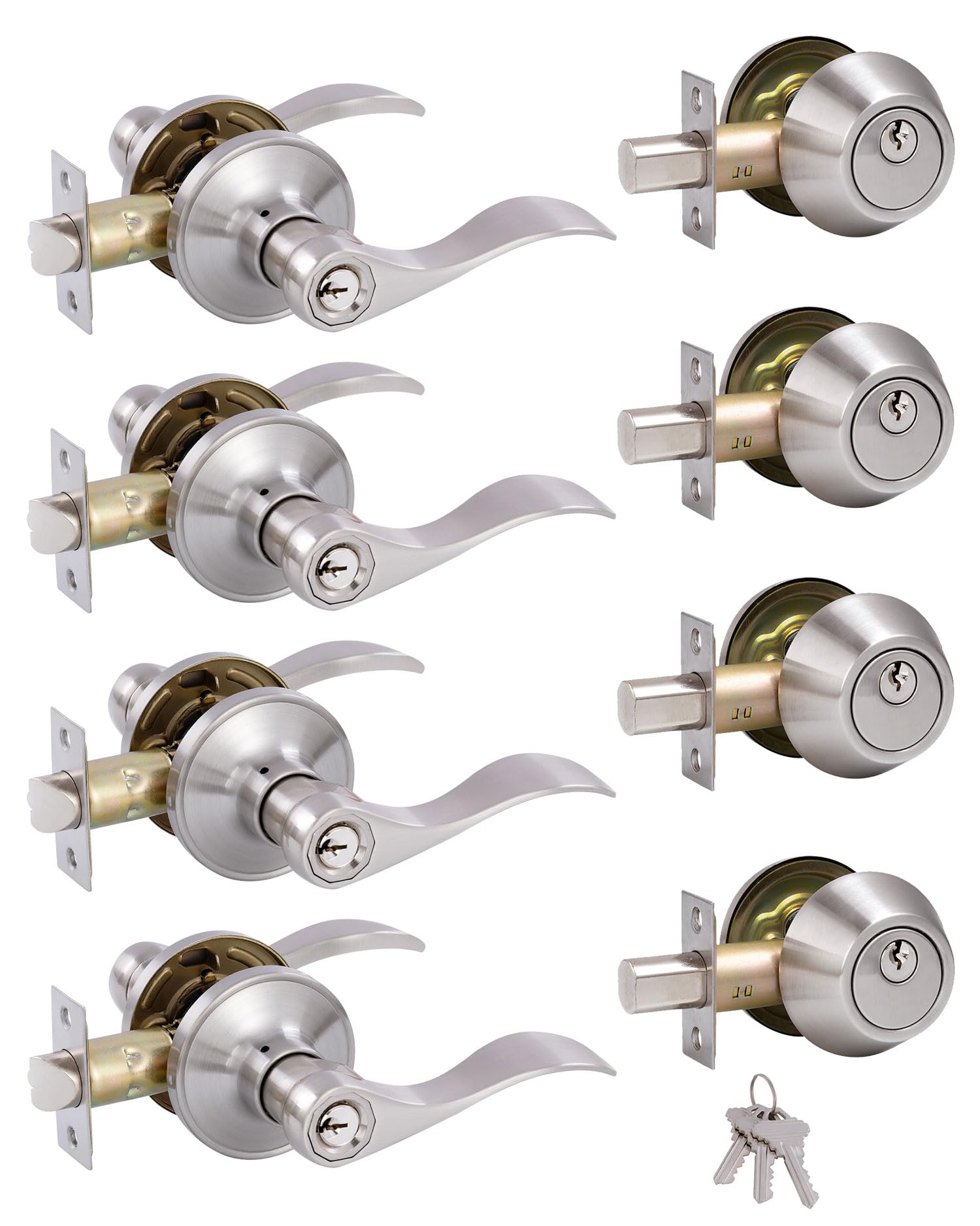 Photo 1 of (4 Pack Keyed Alike Front Door Lever Lockset with Single Cylinder Deadbolt Combination Set? Wave Style Lever, Front Door/Exterior Door Knob with Lock and Deadbolt?Satin Nickel Finished