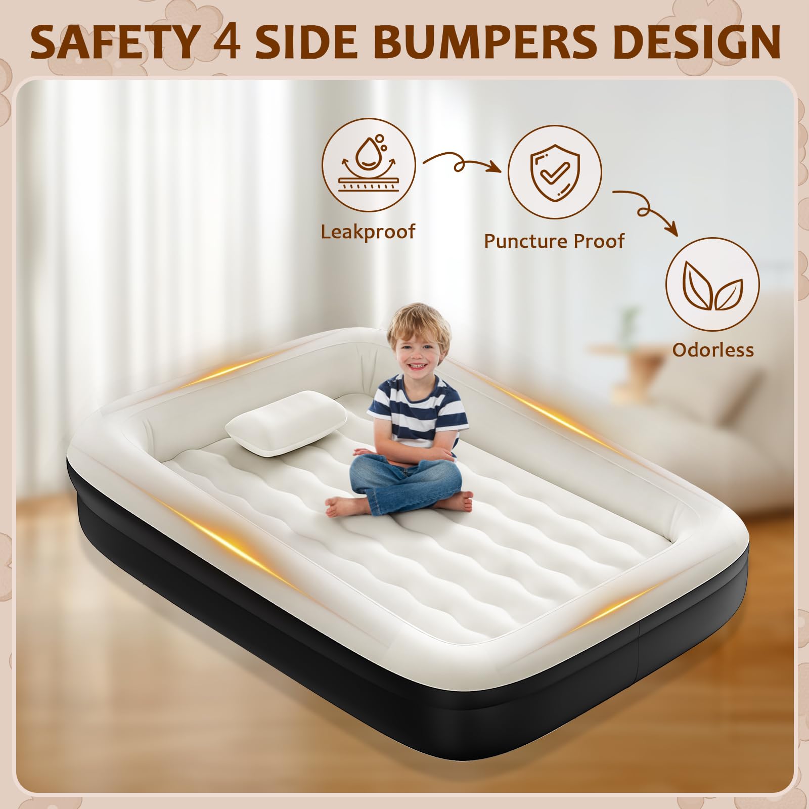 Lettino da viaggio gonfiabile per bambini – Materasso ad aria portatile da 163 cm con quattro lati di sicurezza, pompa rapida e borsa per il trasporto – comodo e facile da gonfiare e sgonfiare – nero