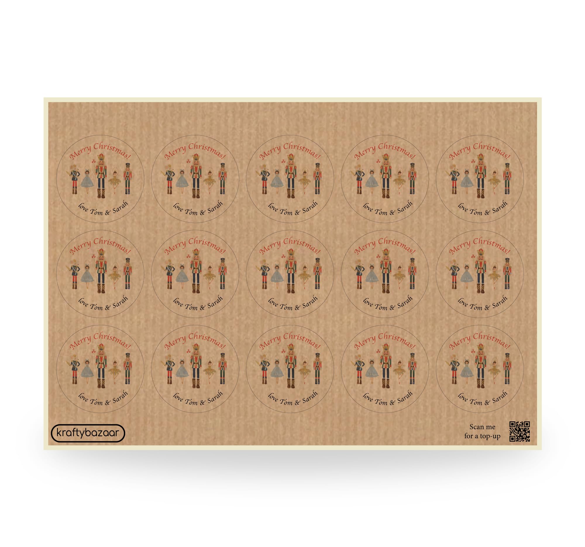 KraftyBazaar Pack of 180 Merry Christmas Nutcraker Ballet Kraft Brown Paper Labels - 37mm Round White Self-Adhesive Paper Labels - Multipack Festive Stationery Craft Decor Vintage Labels