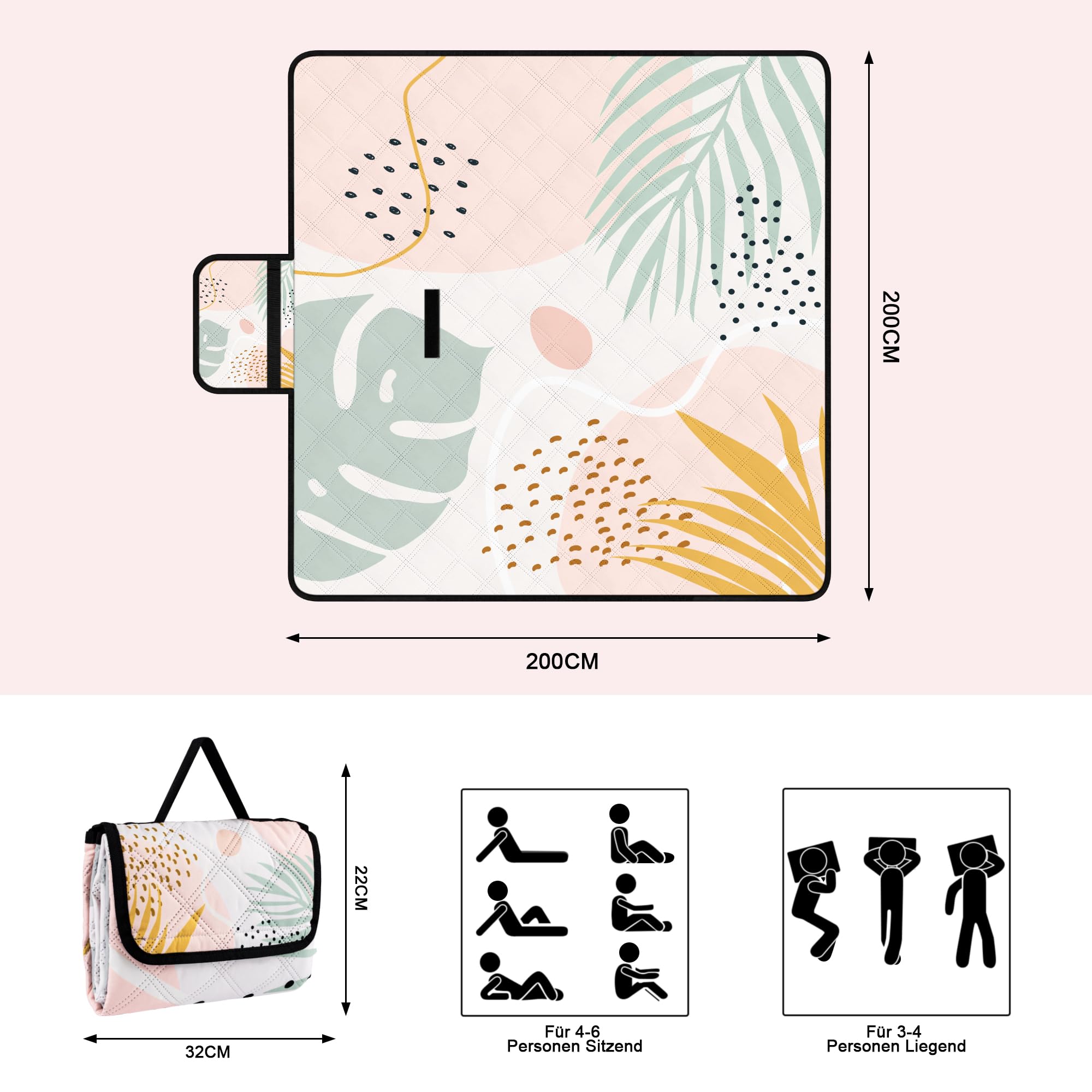 Jopee Picknickdecke Sandfrei, 200 x 200cm Wasserdicht Stranddecke für 4-6 Personen, Leicht und Tragbar Campingdecke mit Tragegriff, Faltbare Strandmatte für Wandern, Reisen, Outdoor - Blätter