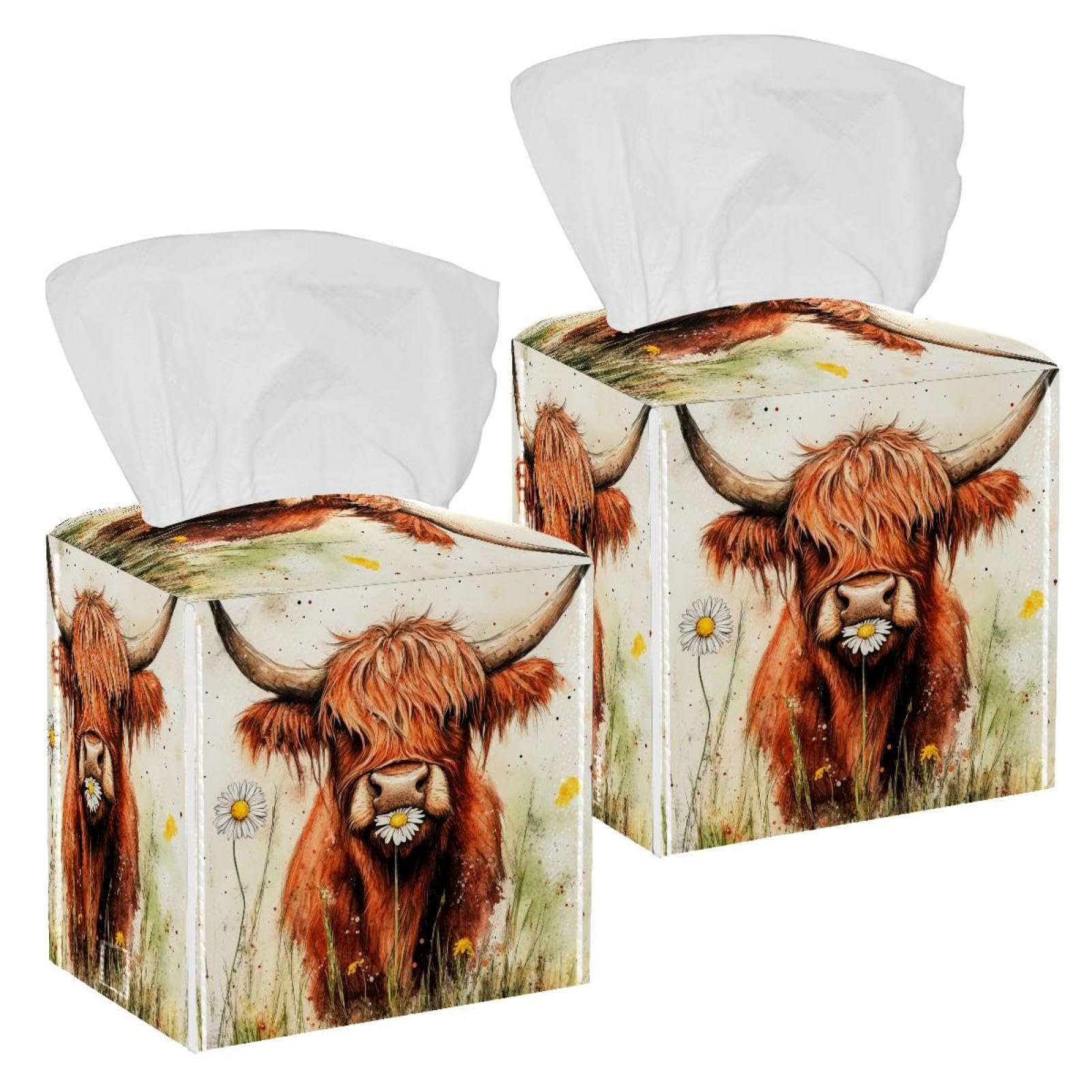 Watercolor Cow Tissue Box Cover, 2 Pack PU Leather Square Facial Tissue Dispenser Box holder for Home Office Car