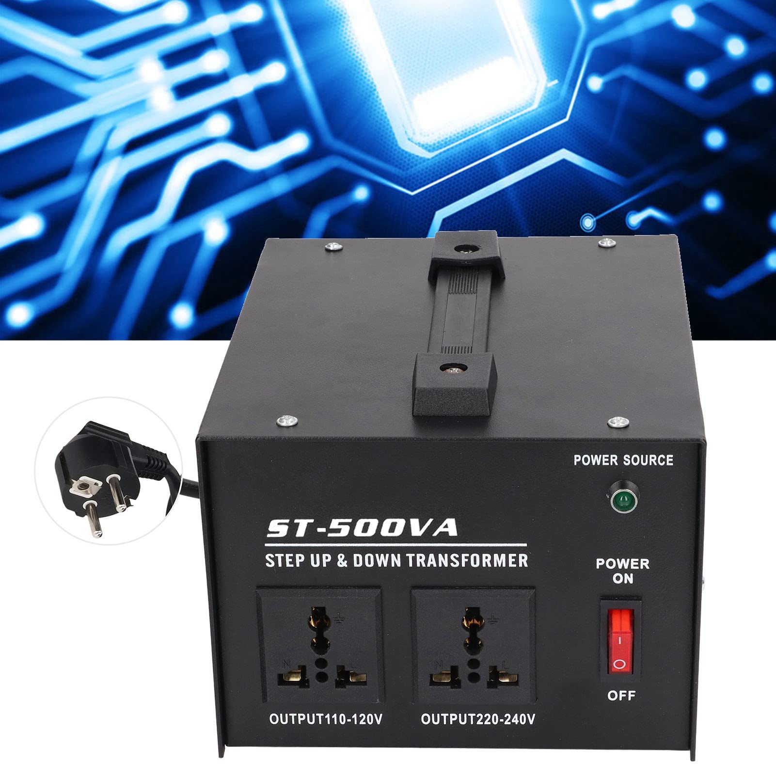 Convertidor de Voltaje Transformador 500W Convertidor de Voltaje Reductor Elevador Multiusos Compacto para el Hogar y los Viajes Hierro ABS 2 Enchufes Universales