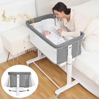 Rocking Bassinet for Baby Automatic Bedside Sleeper Electric Smart Bedside Crib with Wheels, 3 in 1 Co Sleeper for Newborn/Infant 10 Heights Adjustable, Light Grey