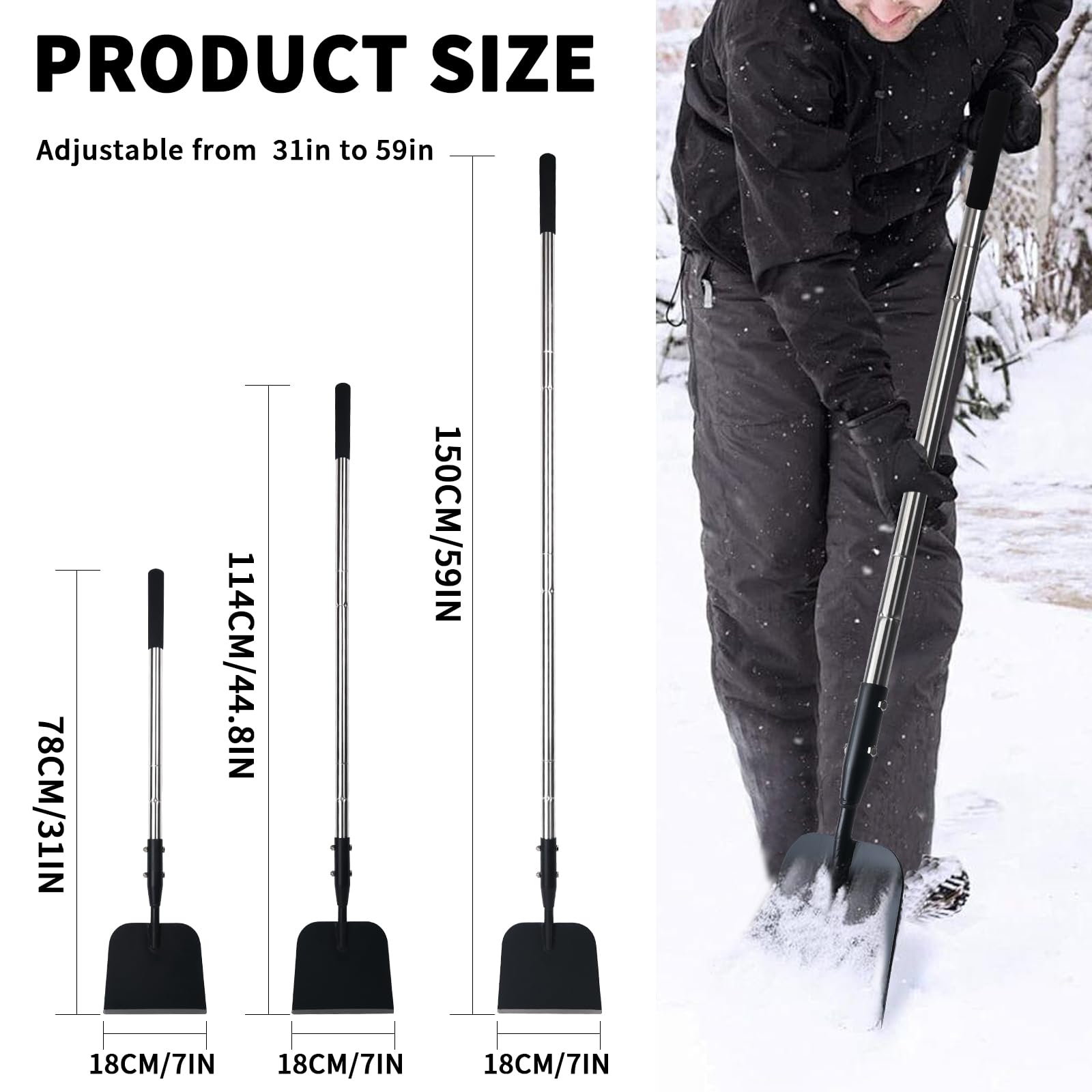 BARAYSTUS Pala piatta con manico regolabile, raschietto da pavimento da 150 cm, raschietto per ghiaccio, raschietto per la pulizia del giardino, tritaghiaccio, pala da neve, strumento multifunzionale