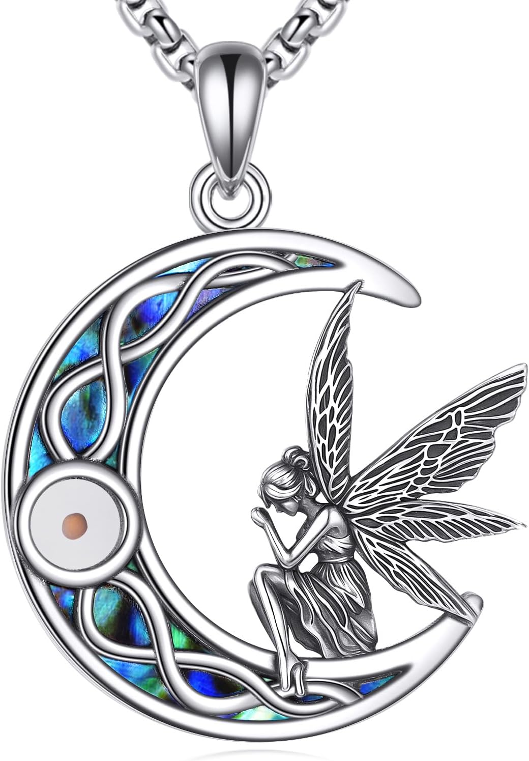ONEFINITY Fairy Necklace 925 Sterling Silver Fairy Wings Mustard Seed Abalone Shell Pendant Necklace Moon Celtic Knot Jewelry Gift for Women