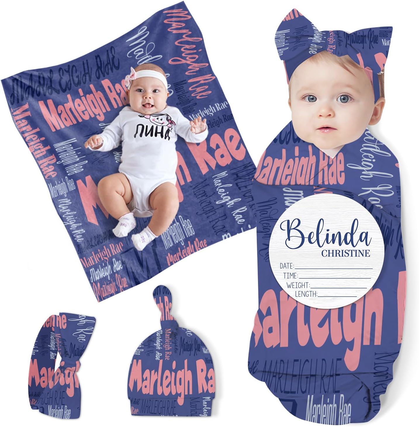 Custom Baby Swaddle Set - Muslin Swaddle Blanket Hat Headband for Infant Baby Girl Personalized Swaddle Blanket Newborn Gift Purple Pink(Fixed Size)