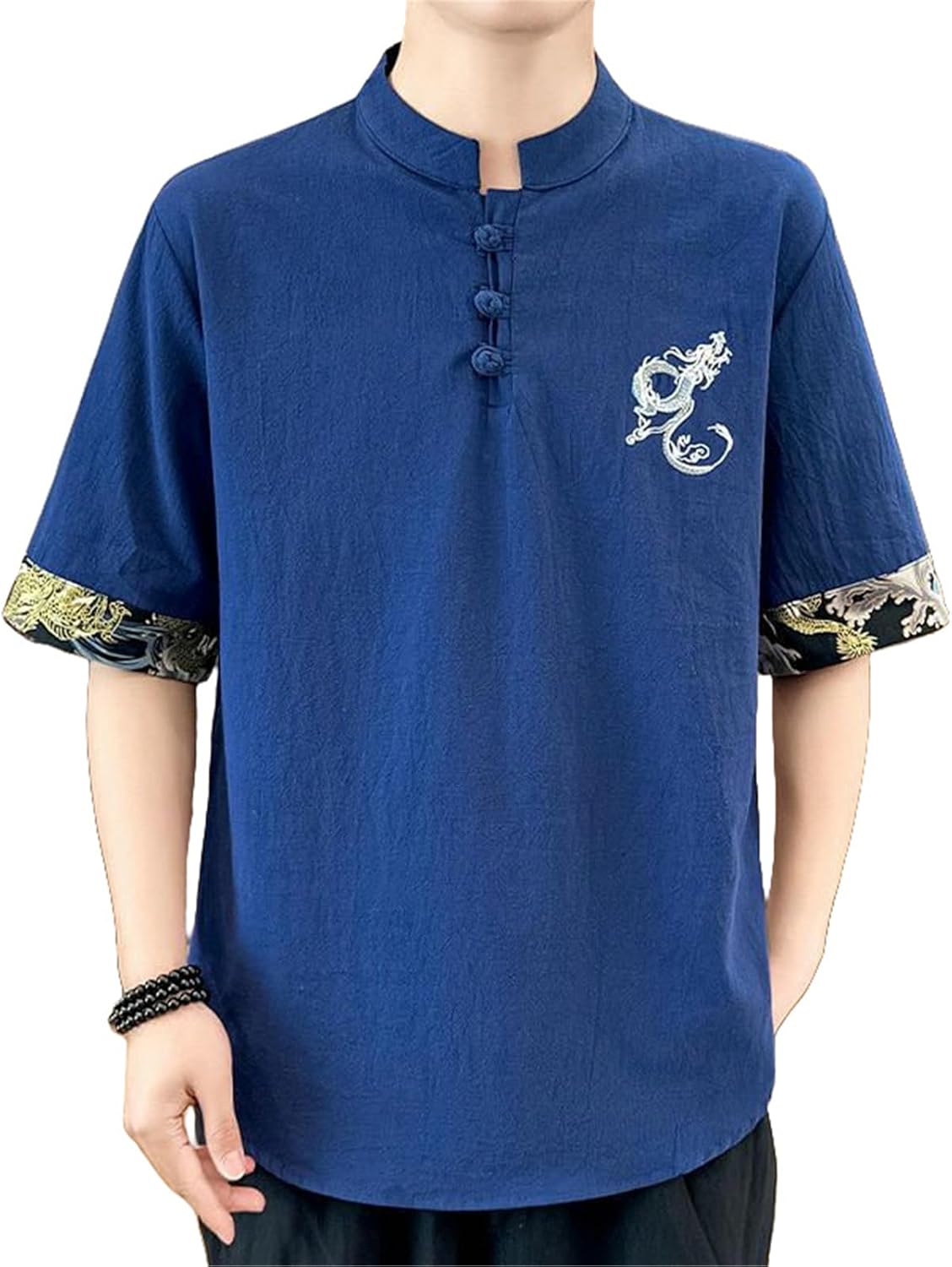 Men's Loose Fit Chinese Style Dragon Embroidery Cotton Linen Stand Collar Frog Button Short Sleeve Shirt