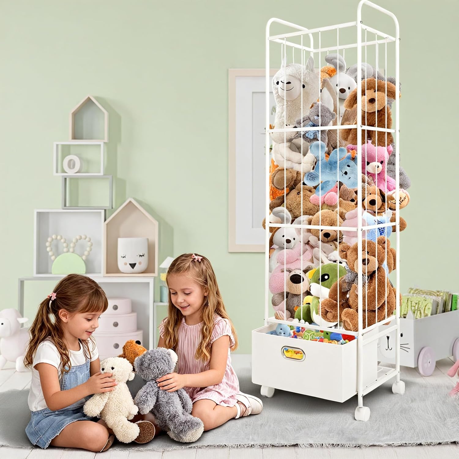 Stuffed Animal Storage, Metal Stuff Animals Zoo Holder with Fabric Drawer and Wheels Tall Vertical Plushies Toy Organizer Plush Storage Cage with Elastic Band for Nursery Playroom Corner - Image 9