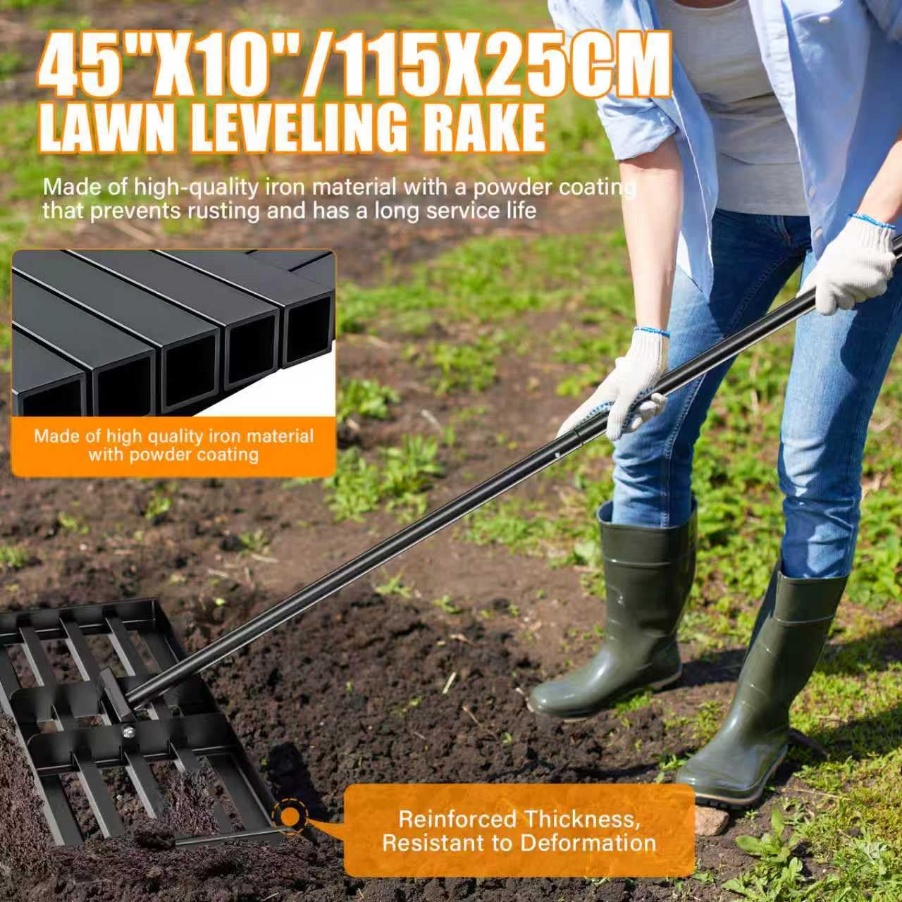 Rastrillo nivelador para césped 115 x 25 cm, rastrillo nivelador para césped de acero inoxidable, equipado con un mango extra largo de 198 cm para jardín, campo de golf, granjas
