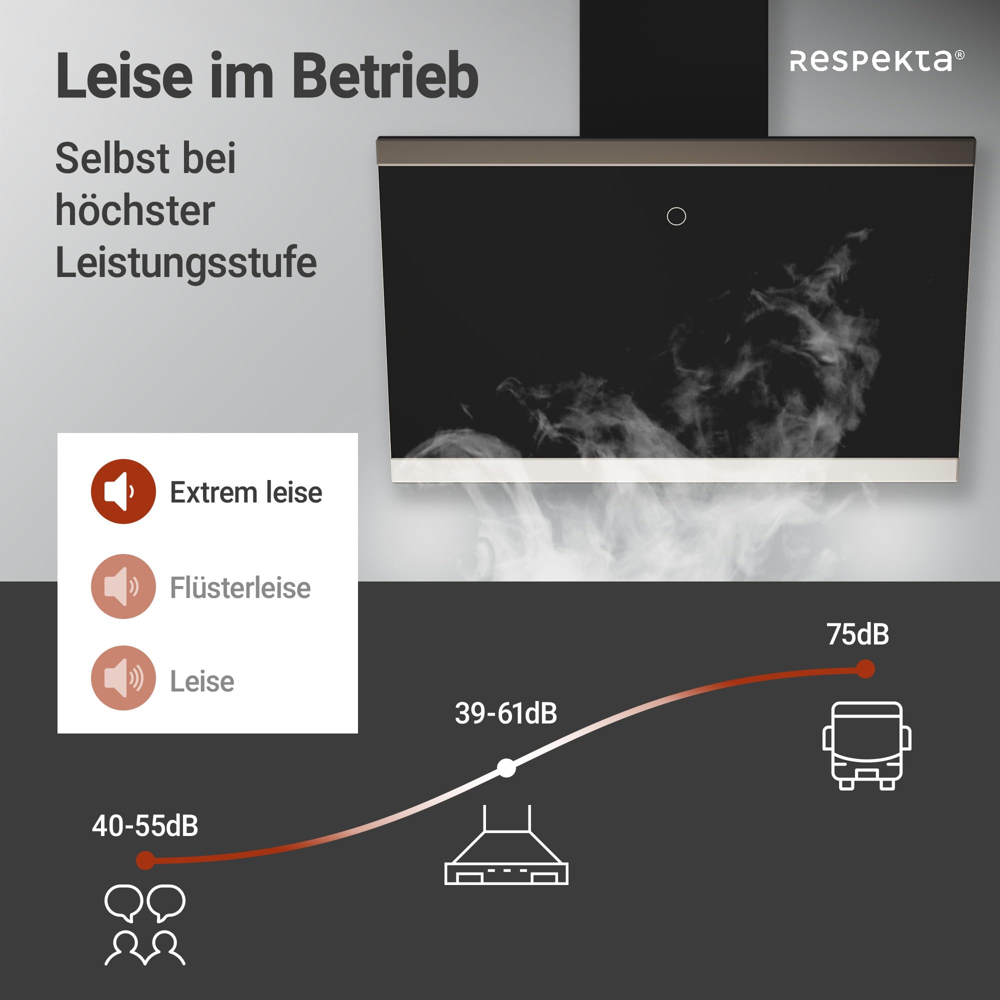 Respekta Dunstabzugshaube kopffrei 60 cm schräg Glasschirm Edelstahlrahmen Schwarz Abluft Umluft CH89060S A++ 39–59 dB