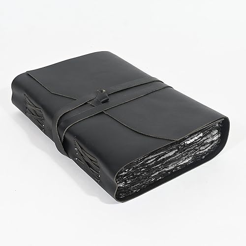 Diario vintage de cuero negro  200 páginas de papel rústico con borde gris deckle borde, páginas sin forro, libro de sombras, grimorio, cuaderno