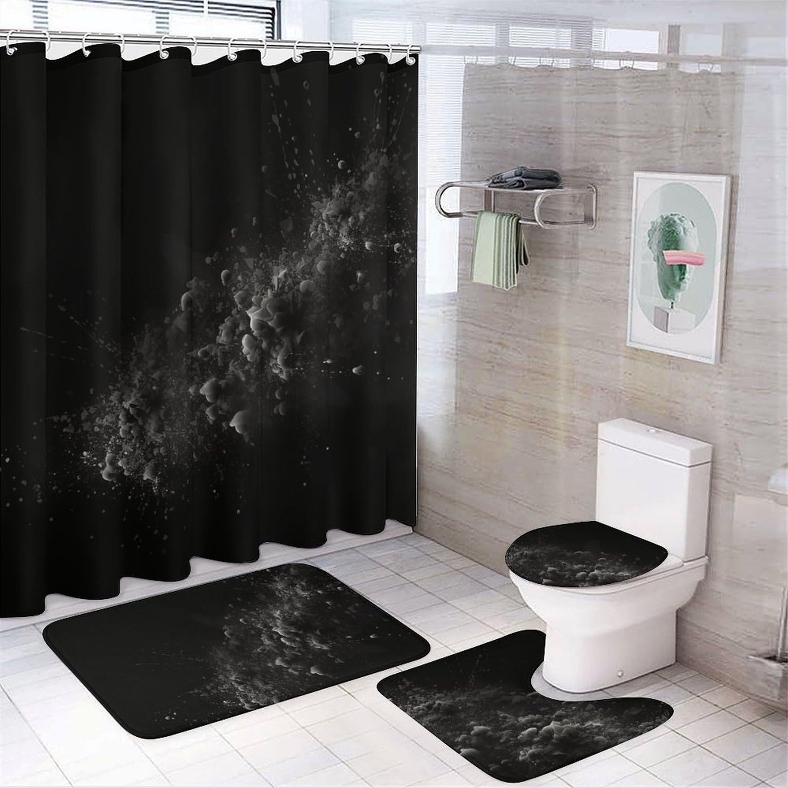 Ensemble 4 pièces de salle de bain rideau et tapis douche corail