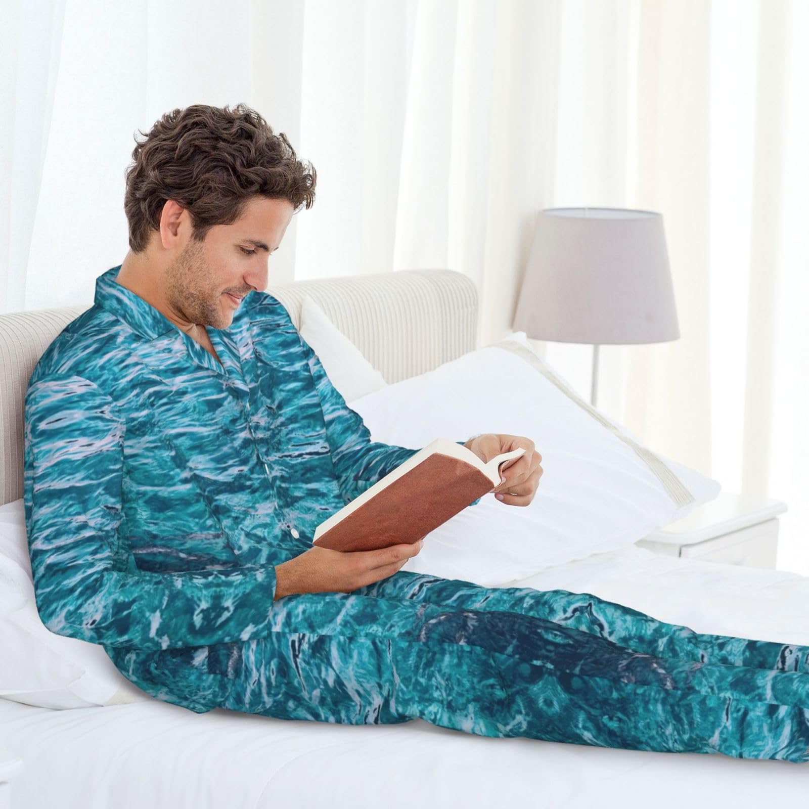 Conjunto de pijama para hombre con estampado de superficie marina, pijama suave de manga larga con botones y bolsillos