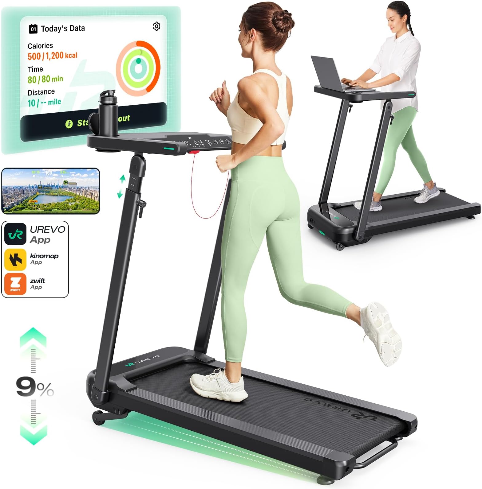 UREVO Treadmill with Standing Desk Workstation, Walking Pad Treadmills for Home Office, Under Desk Compact Design Treadmill with HIIT Programs, Remote Control, LED Display
