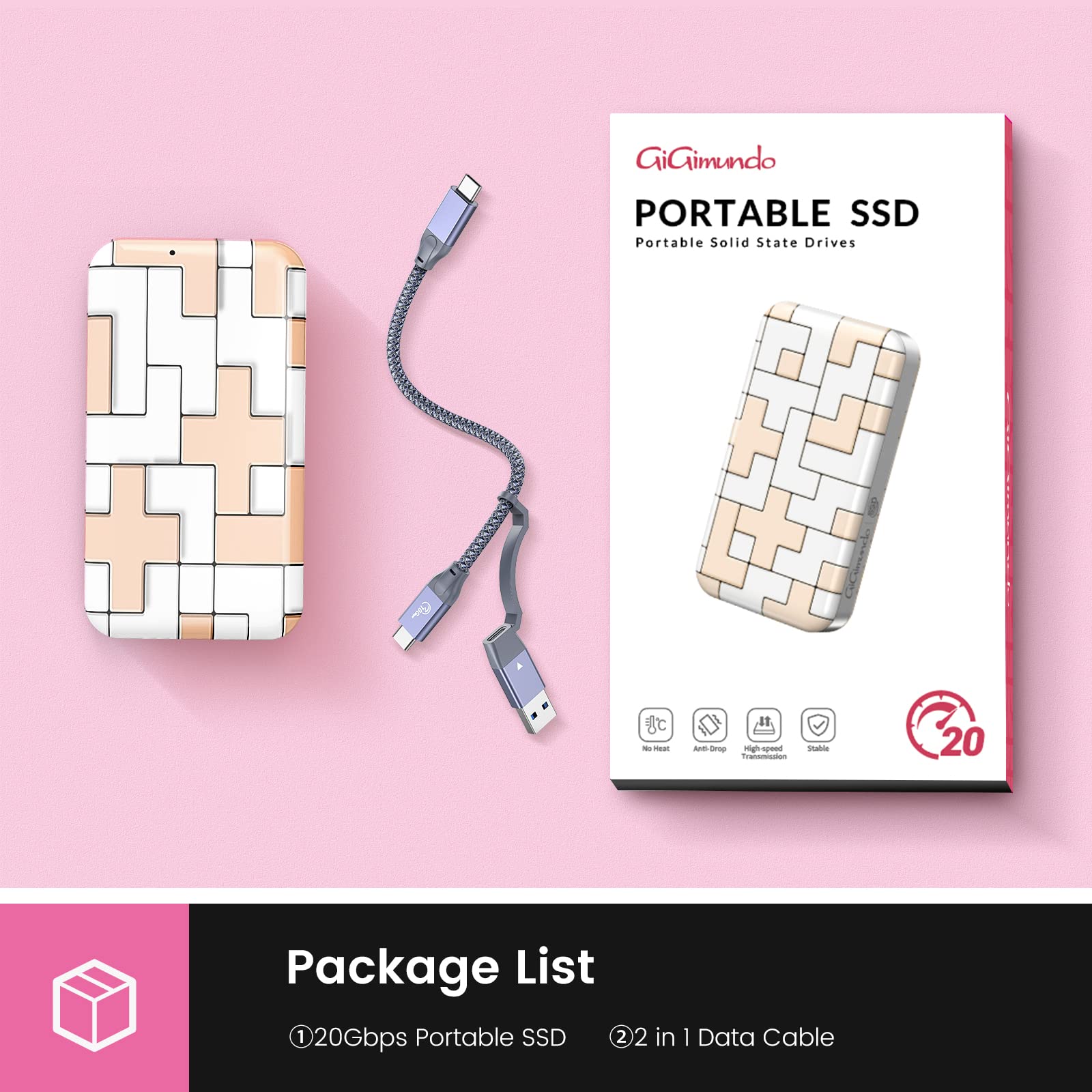 GiGimundo Przenośny dysk SSD 512 GB, USB3.2 Gen2 × 2 Extrene Portable SSD 20 Gbps, do 2000 MB/s USBC, zewnętrzny dysk Solid State Drive, seria TS (1T) (20 Gbps-1T)