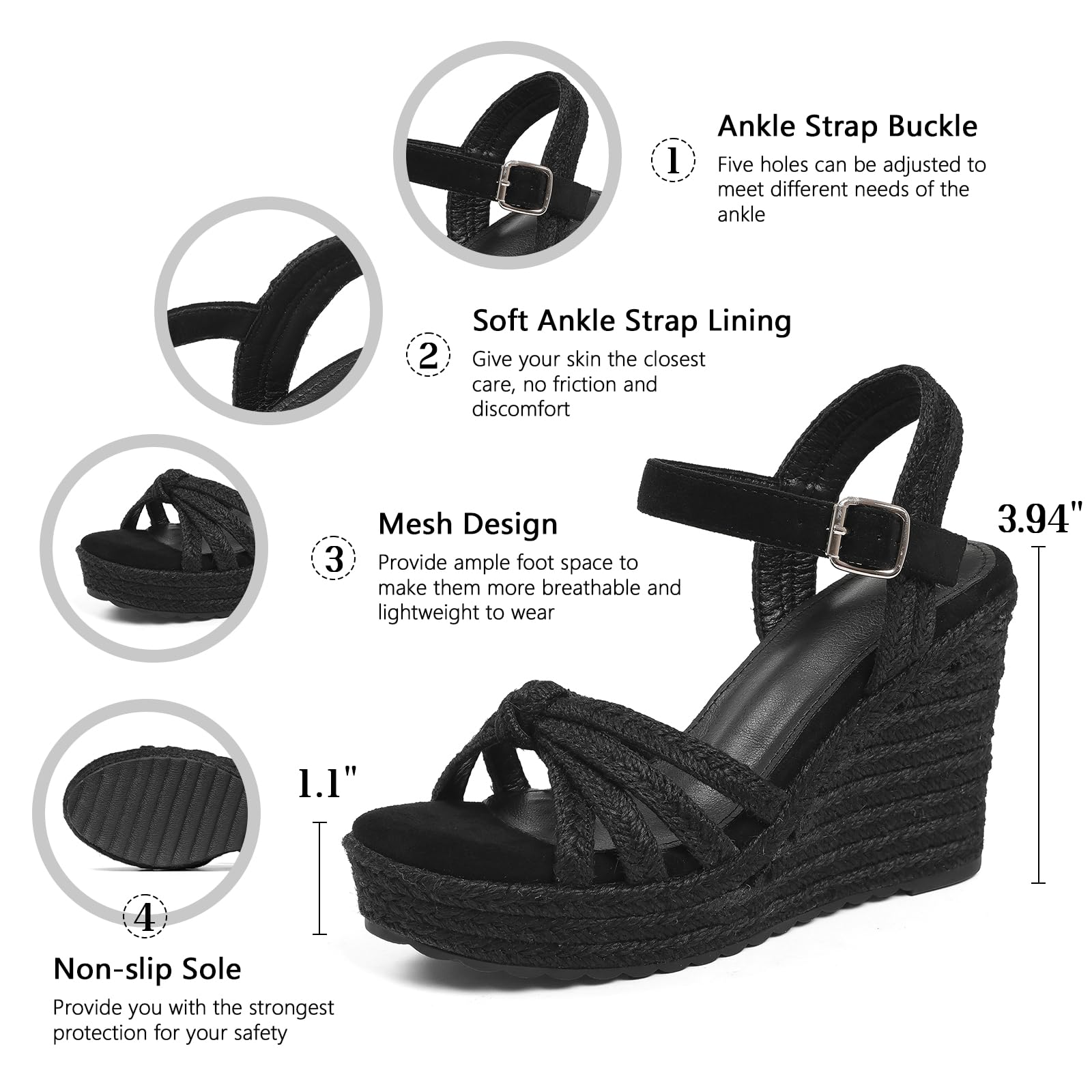 mikarka Sandals for Women 2026: Comfortable Wedge Platform Sandals Women - Braided Espadrilles for Women Ankle Strap Open Toe Wedges Heels Beach Sandals Summer Shoes: 6 366-2black