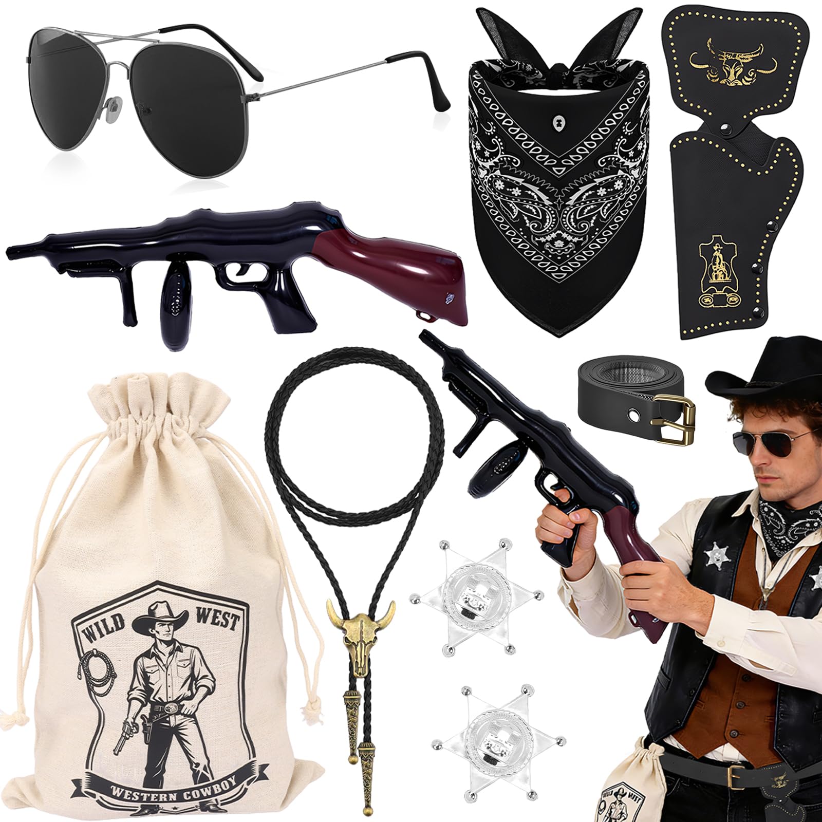 9Pcs Cowboy Costume Accessories, Wild West Cowboy Fancy Dress with Necklace Holster Sunglasses Inflatable Prop Holster Bag Sheriff Badges Belt Western Outfit Kits for Women Men Cosplay Hen Do Party