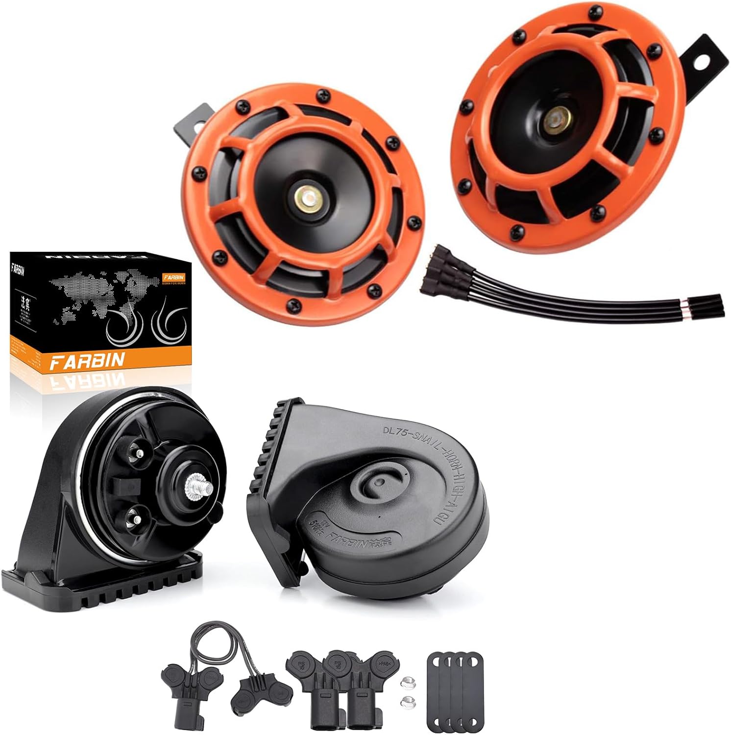 FARBIN Car Horns 12v kit with Dual-Tone Electric Snail Horns Waterproof Special Interface