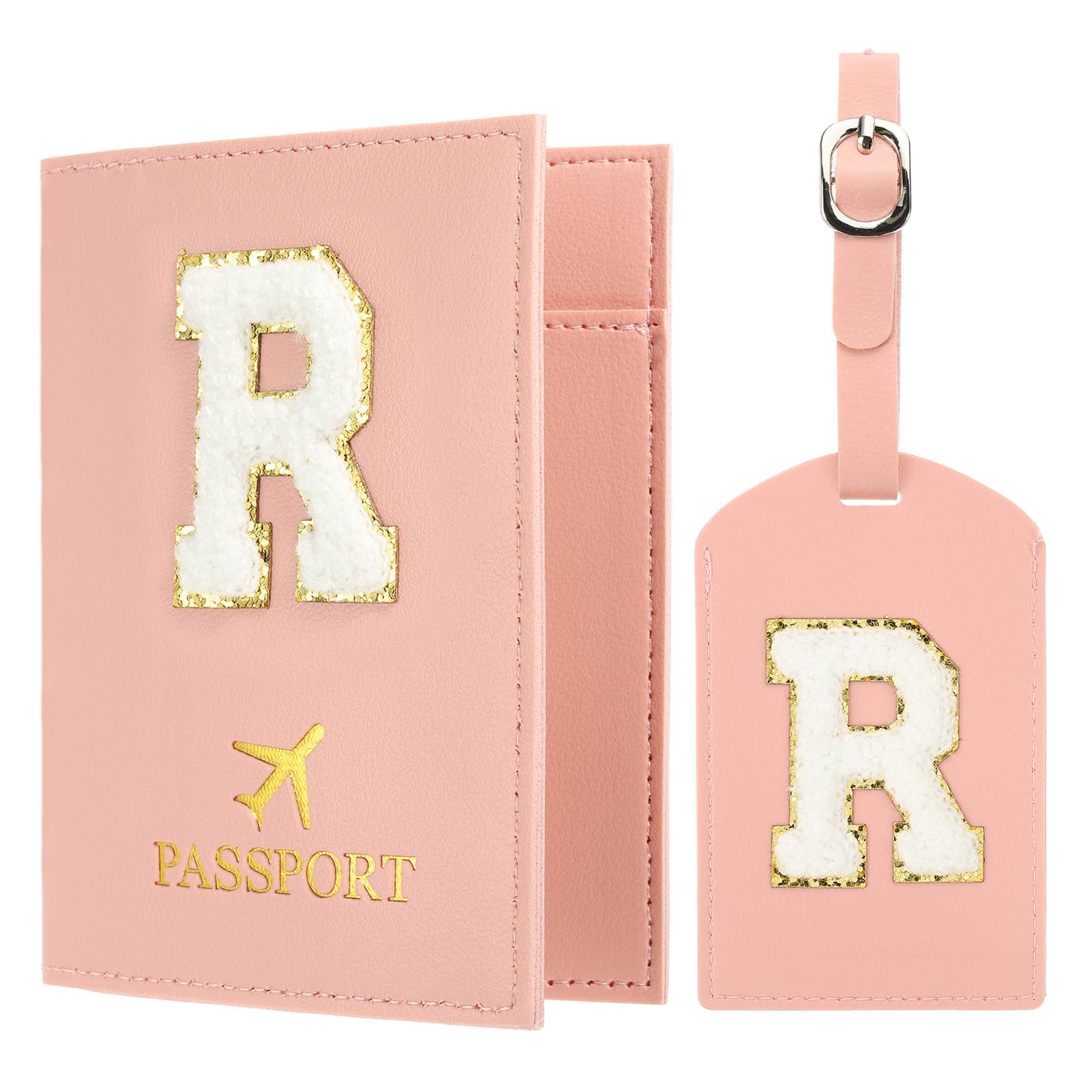 Passport Holder for Travel, Initial Passport Cover and Luggage Tag Set with Alphabet Chenille Letter Patch Travel Wallet Bag Suitcase Identifier for Women Family Travel Pink R-image-20