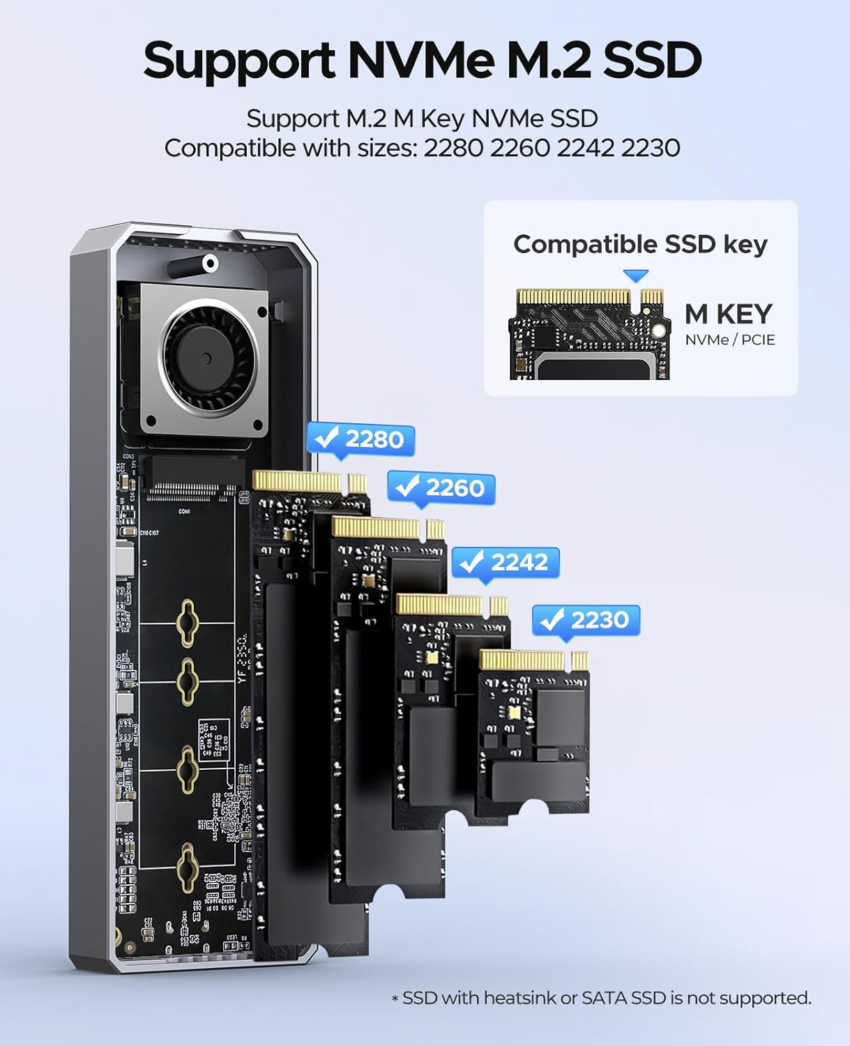 Cutaway view of the ORICO NVMe SSD Enclosure showing the internal cooling fan and airflow