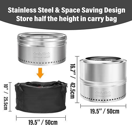 Miniatura 2 de Onlyfire - Fogata sin humo con bolsa de transporte, fogata portátil de 20 pulgadas para exteriores, para campamento, patio, fiesta de hoguera, flujo