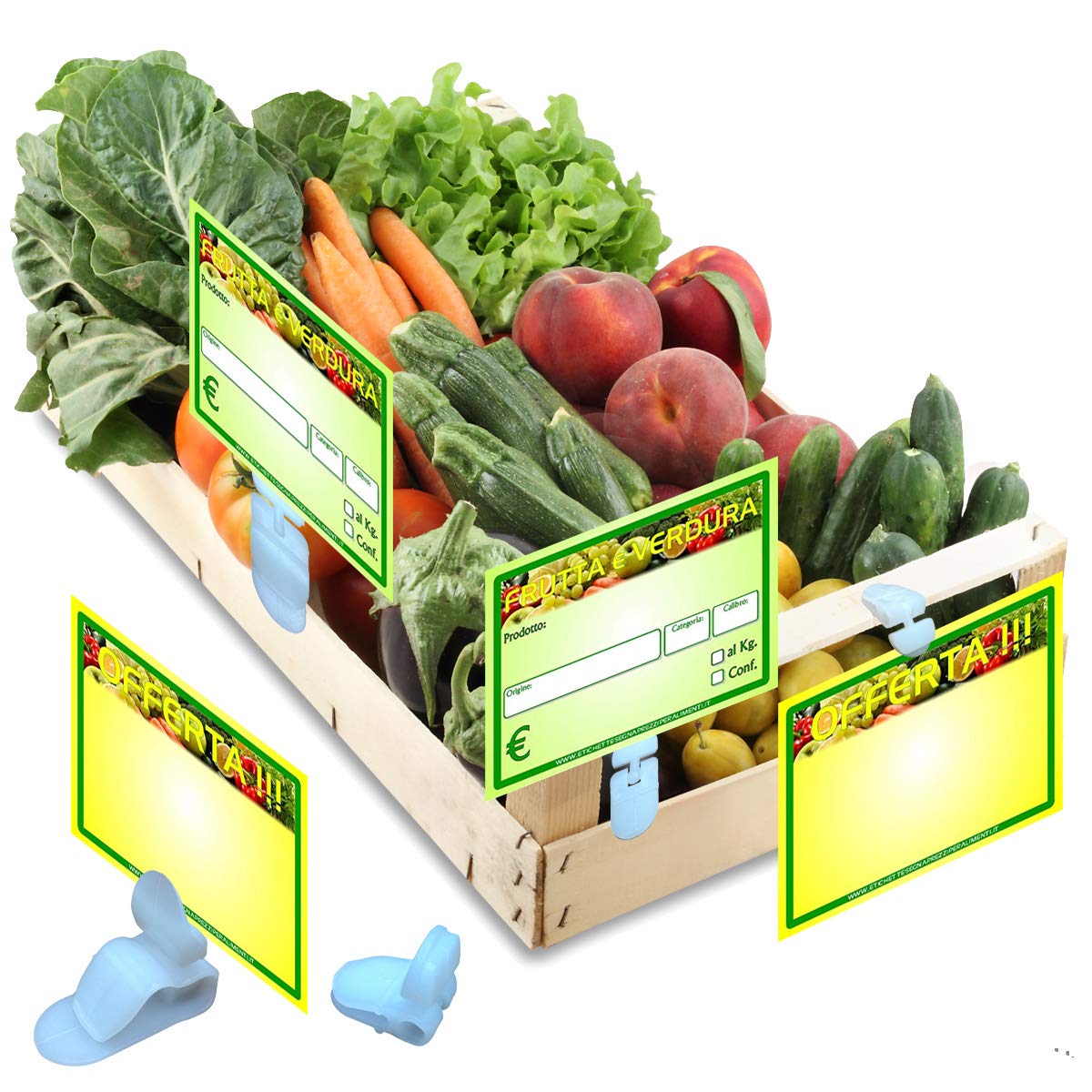 KIT 30 SEGNAPREZZI PLASTIFICATI PER ALIMENTI "FRUTTA E VERDURA" 8,3X11,3 cm. +15 PINZE GRANDI+15 PINZE PICCOLE+1 PENNARELLO NERO