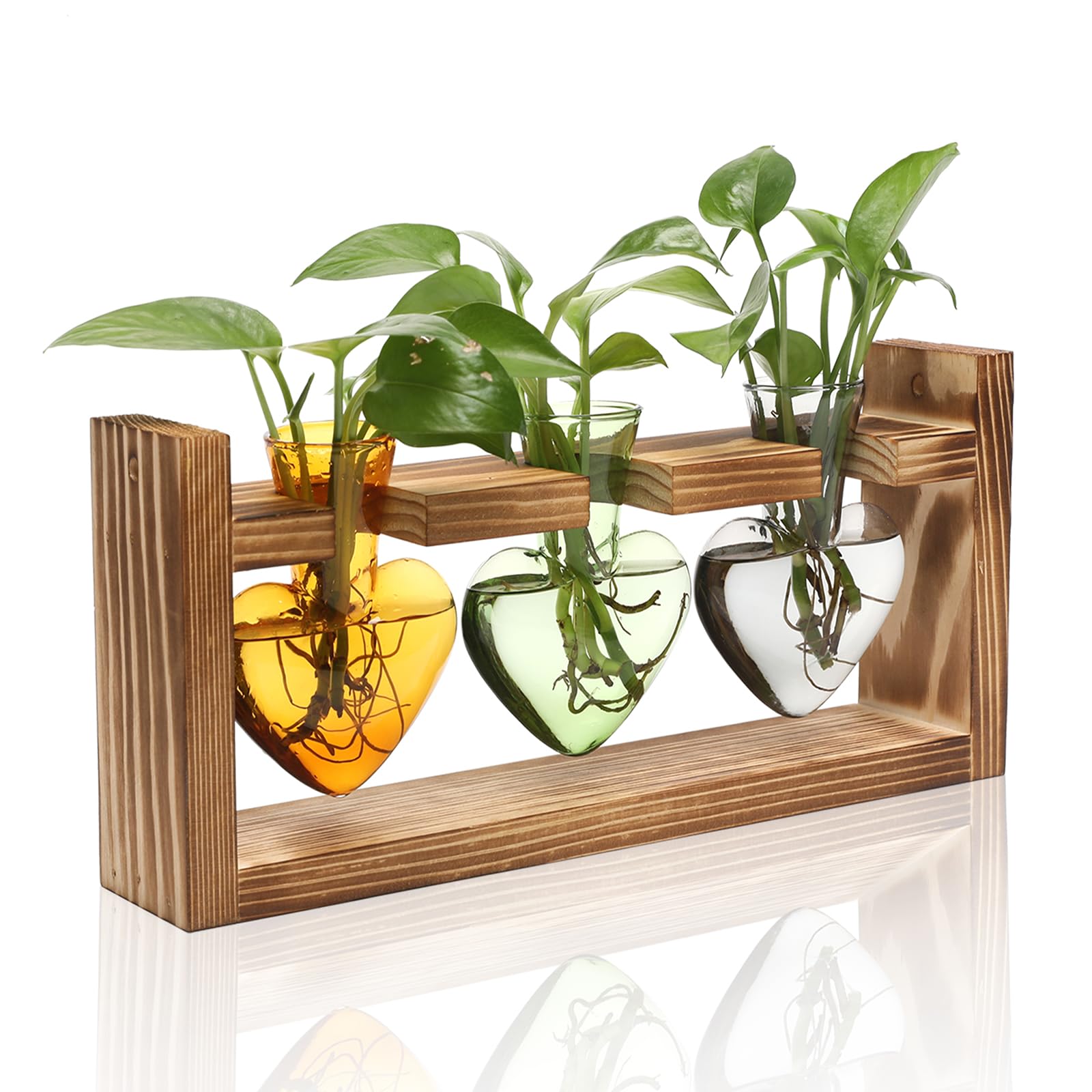 Plant Terrarium Propagation Stations Hydroponics Home Garden Decoration Gift for Women with Wooden Stand Heart Shaped Colored Glass Vase