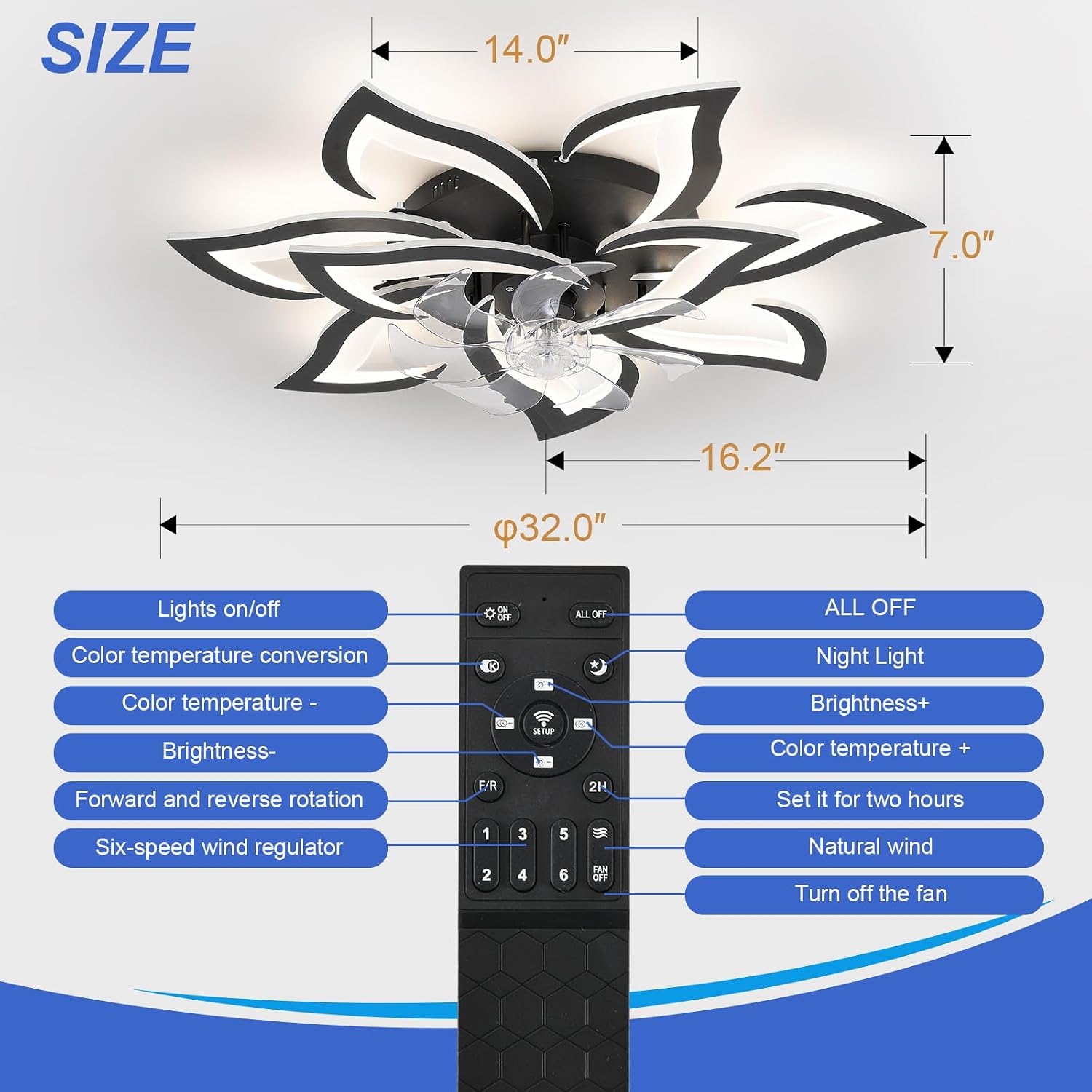 32" Black Flower Ceiling Fan with Lights Remote Control, Modern LED Low Profile Flush Mount Ceiling Fan with Light for Kitchen Bedroom Living Room