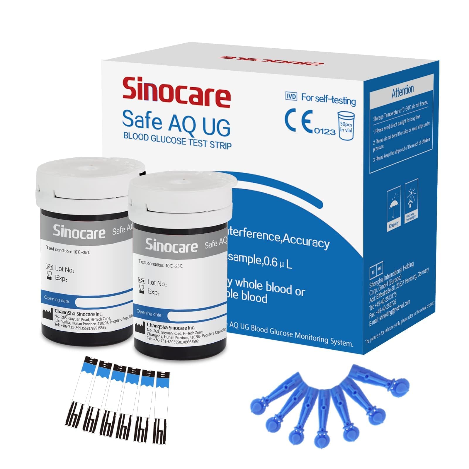 Sinocare Tiras Prueba de Glucosa en Sangre 50 x Tiras Reactivas, Solo para Safe AQ UG Monitor Glucosa Sangre y Ácido Úrico Certificado ClimatePartner