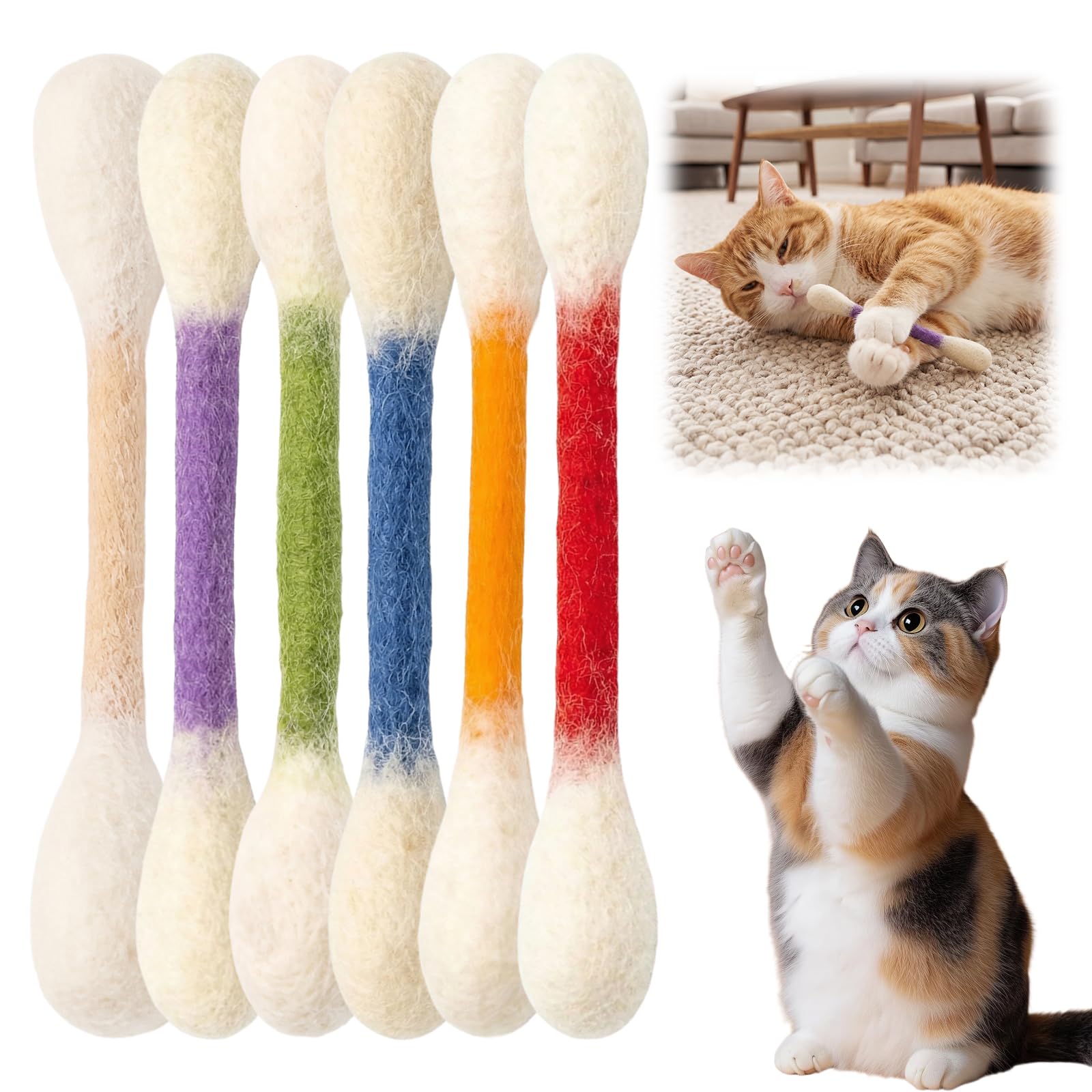 Cotton fioc Giocattoli per Gatti con Erba Gatta, Confezione da 6 Bastoncini Giganti per Masticare i Cuccioli, Giocattoli Interattivi in Feltro, Corda per Denti Resistente, Ideali per Gatti Interni