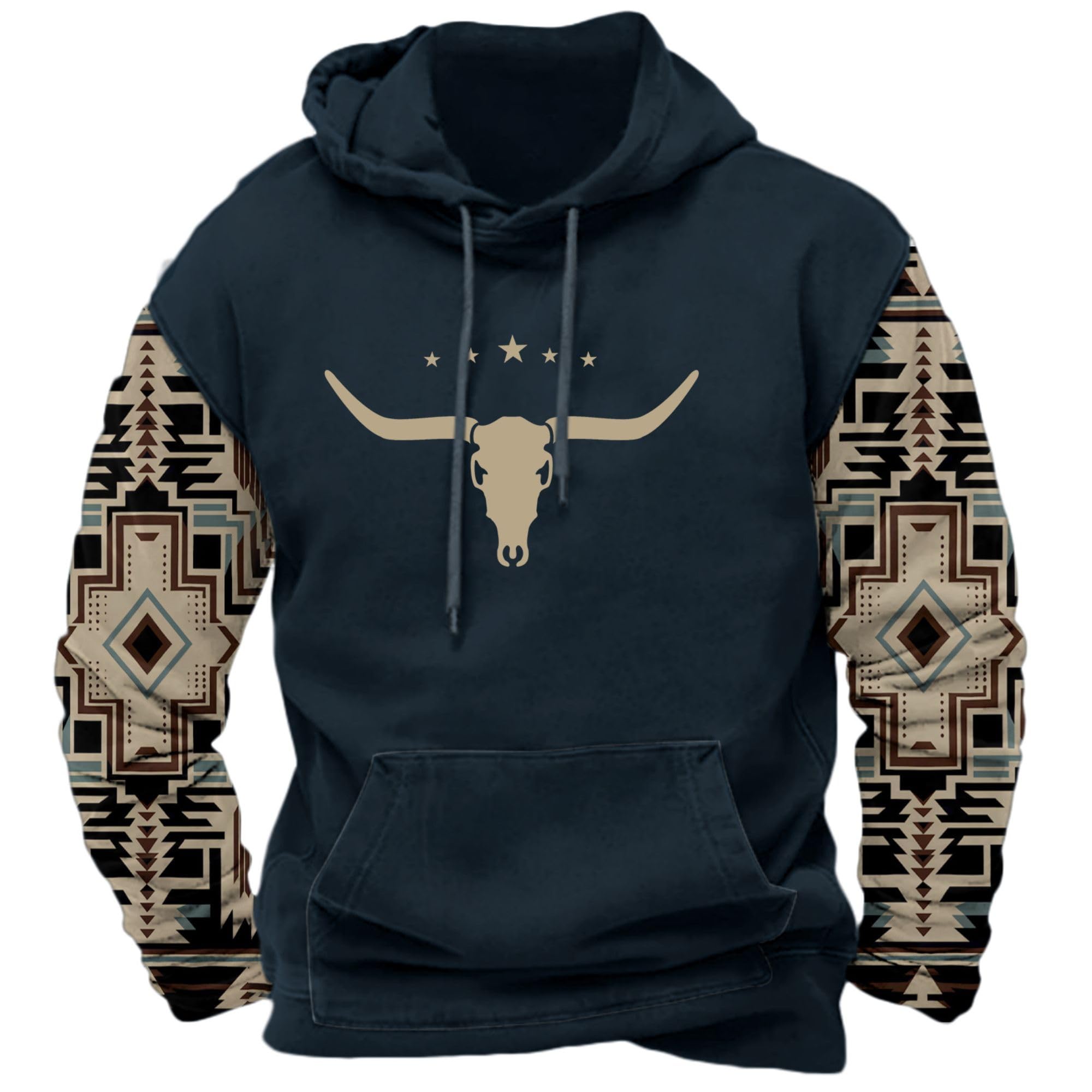 DMOYALA Men's Aztec Cow Skull Hoodie Western Sweatshirt with Hood Vintage Ethnic Tribal Graphic Patchwork Pullvoer