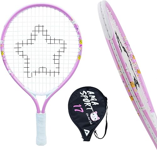 Vista 10 de Raqueta de tenis para niños y niñas de 2 a 12 años, raqueta de tenis juvenil multicolor y estilo para principiantes, incluye bolsa de nailon 420D
