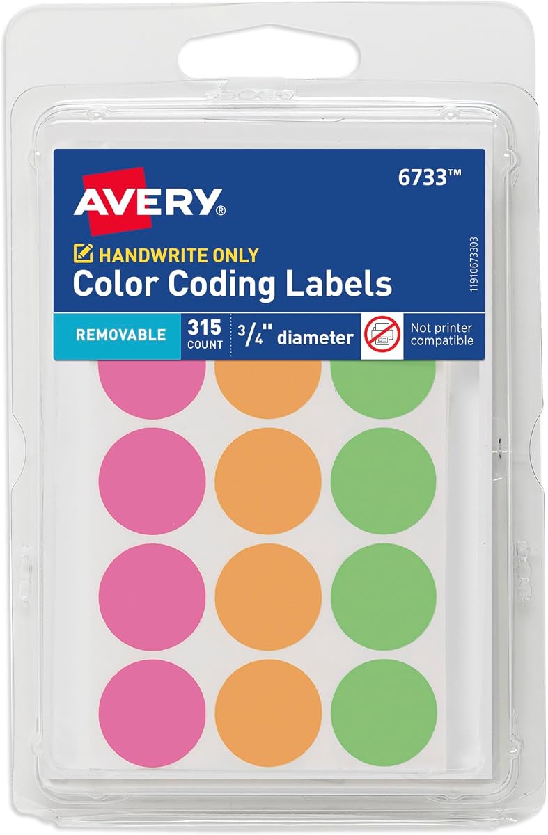 Etiquetas removibles con codificación de colores Avery®, etiquetas redondas de 3/4 de pulgada, colores neón surtidos, no imprimibles, 315 pegatinas de puntos en total (6733)
