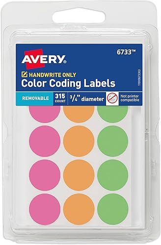 Avery etiquetas de codificación de color, 0.75 pulgadas, redonda, varios extraíbles, paquete de 315 (6733), Variados