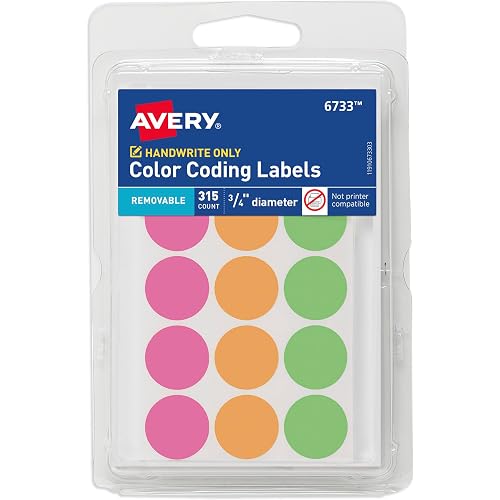Avery® Color-Coding Removable Labels, 3/4 Inch Round Labels, Assorted Neon Colors, Non-Printable, 315 Dot Stickers Total (6733)