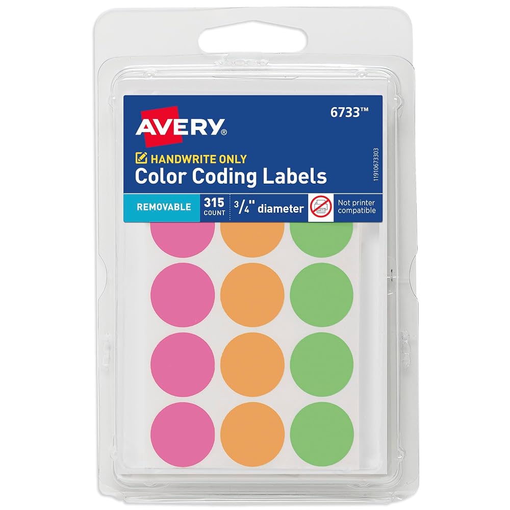 Avery® Color-Coding Removable Labels, 3/4 Inch Round Labels, Assorted Neon Colors, Non-Printable, 315 Dot Stickers Total (6733)