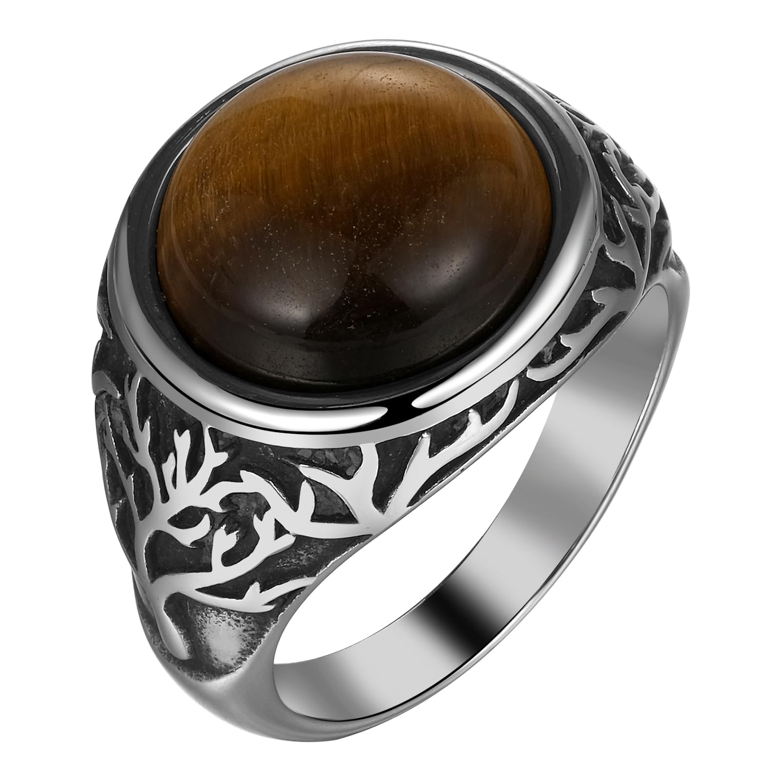 OIDEA Herren Ring Tigerauge/Onyx mit Lebensbaum: Vintage Gothic aus Edelstahl mit Edelstein Herrenring Baum des Lebens Gotik Stil Geschenk für Männer Größe 54-69