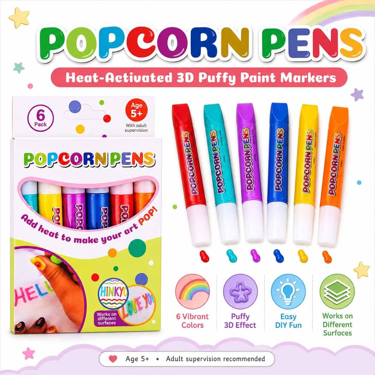Popcorn Pens, 2026 New Popcorn Pen Puffy, 3D Drawing Kit for Kids, Create Fun Textured Artwork on Cards and Crafts, Creative Activity Supplies for School Projects and Gifts (12pcs,3 Box)