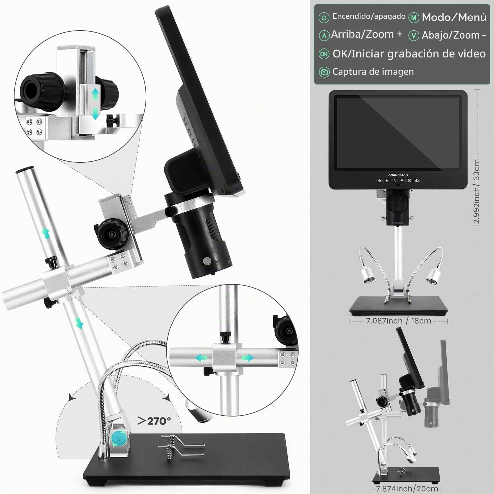 Andonstar AD249S-M Microscopio Digital HDMI de 10,1 Pulgadas 2000x, grabación de vídeo UHD de 3 Lentes 2160P, microscopio de Soldadura, Kit de microscopio biológico, Compatible con Windows