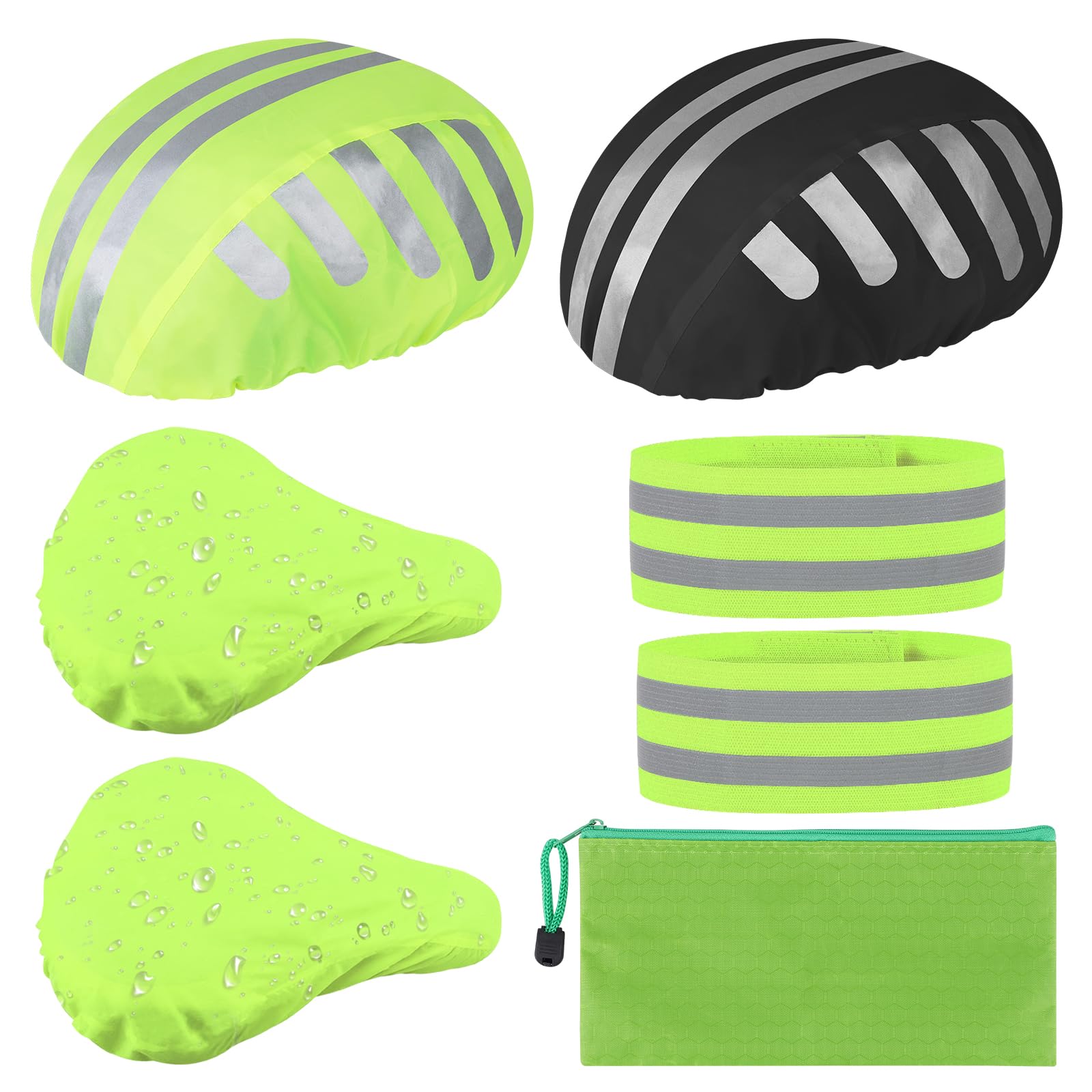 Green/Black Dustproof Cycling Helmet Cover, Bicycle Helmet Rain Cover, 2 Bike Seat Cover Waterproof, Bicycle Seat Protector Shield, 2 High Visibility Armbands, Fluorescent Wristbands for Safe Riding