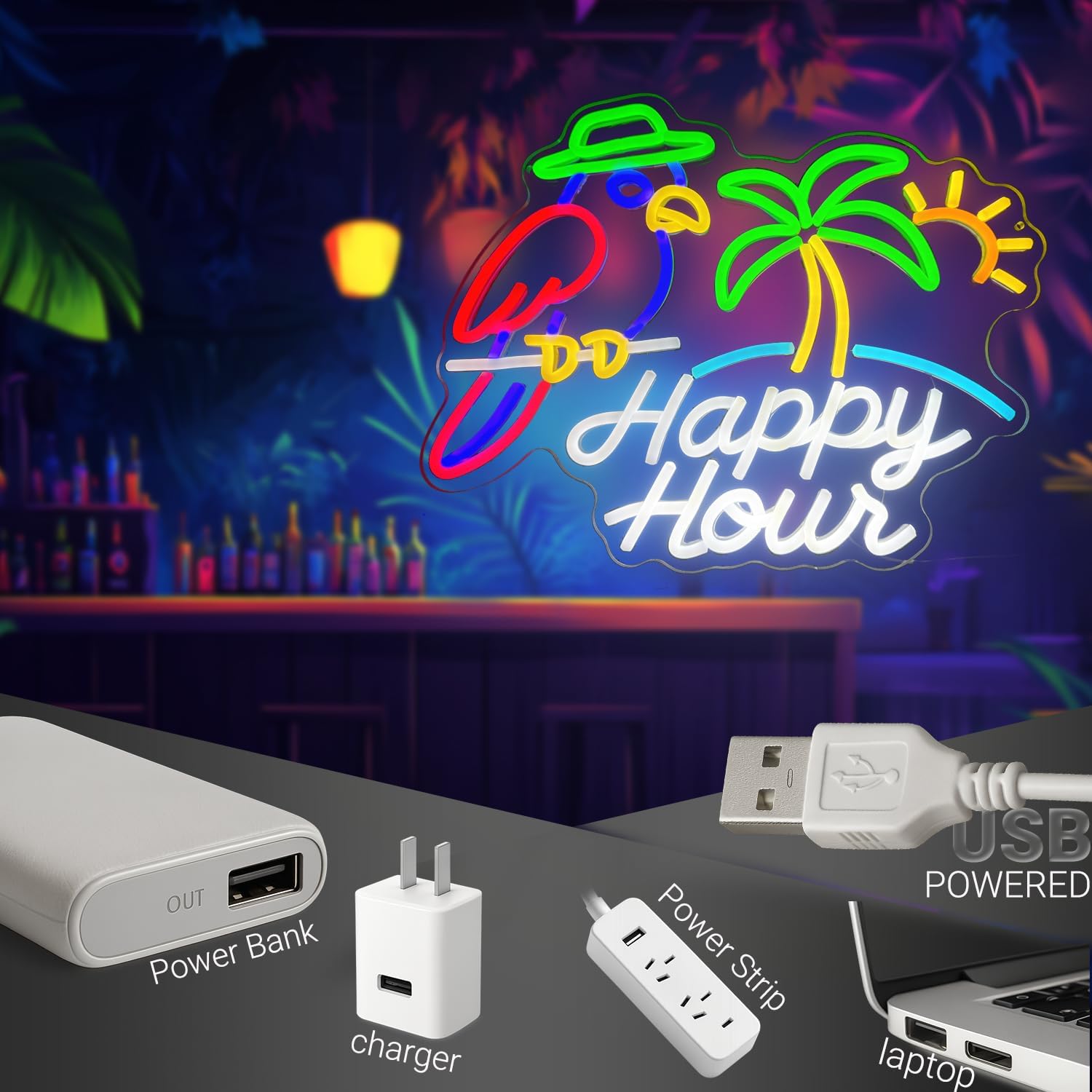 Happy Hour Dimmable Neon Sign 15.7”×12.6” with Parrot, Palm Tree & Sun, Tropical LED Wall Light for Tiki Bar, Home Bar, Beach Party Decor, USB Powered - Image 6